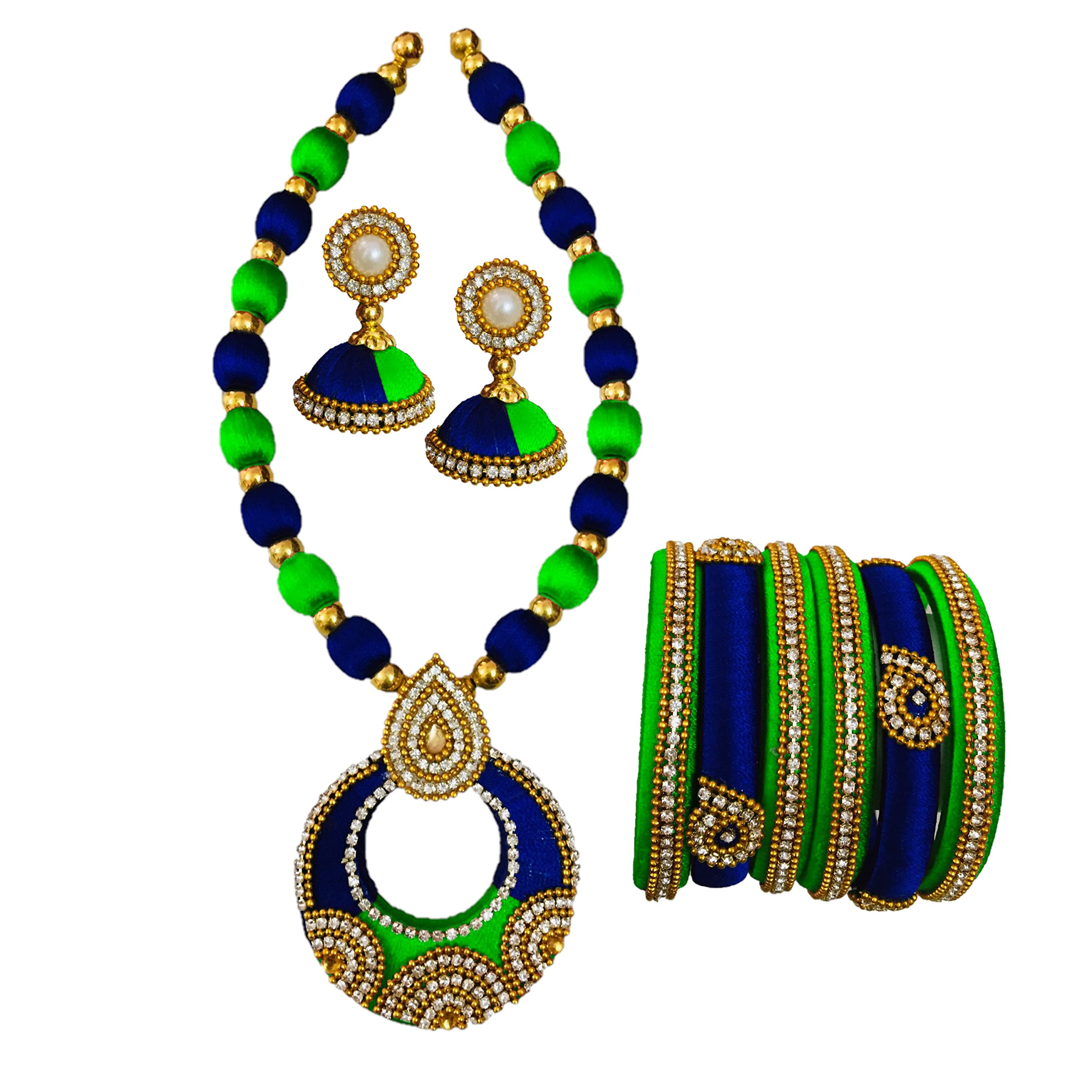 Ambal Grand Look Trendy Double Colour silk thread Jewellery set for Womens and Girls (Pack of 1Necklace, 1Pair of Earring & 6Piece of Bangles) (LightGreen) (B09YFNJGB9) Amazon Price History, Amazon Price Tracker