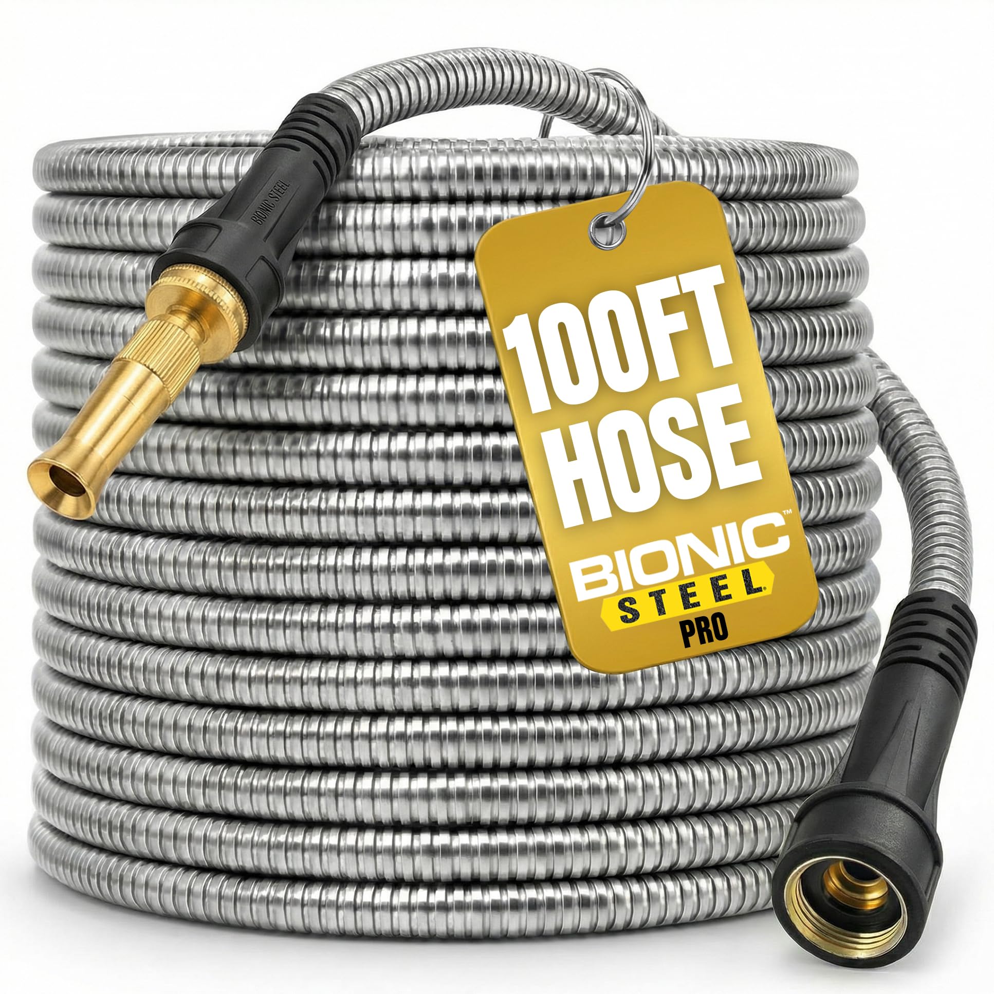 Bionic Steel Pro Metal Garden Hose 100ft, Rust Proof 304 Stainless Steel Water Hose with Brass Fittings, Flexible & Heavy Duty Hose, Lightweight, Kink Free & Easy Coil Outdoor Hose- 2021 Model