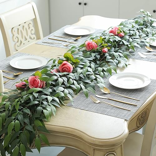 Miniatura 3 de 3 hebras de enredaderas artificiales de ruscus italiano, guirnalda de vid de seda de 73 pulgadas con hojas verdes, plantas colgantes falsas