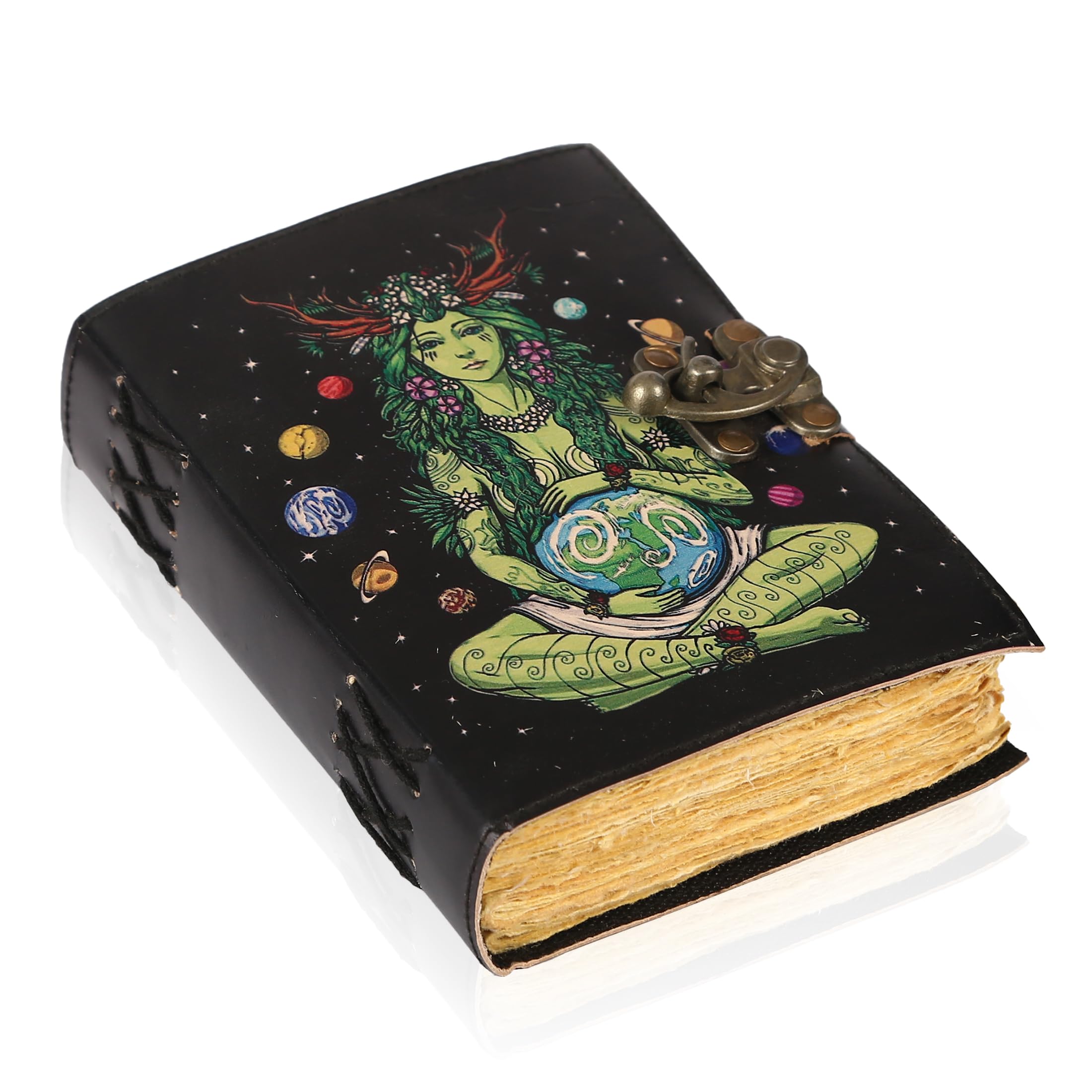 TUZECH Book of Spells Mother Of Earth Leather Bound Journal Deckle Edge Paper Tree of Life Antique Embossed Bound Daily Notebook With Colorful Print