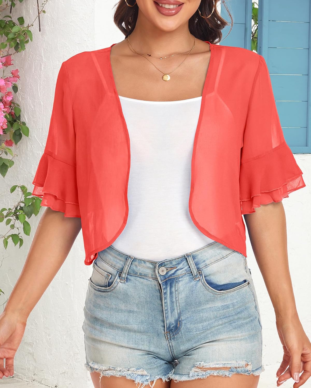 Women's Cardigan Bolero Shrug Ruffle Short Sleeve Open Front Loose Sheer Jackets for Tops - Image 6