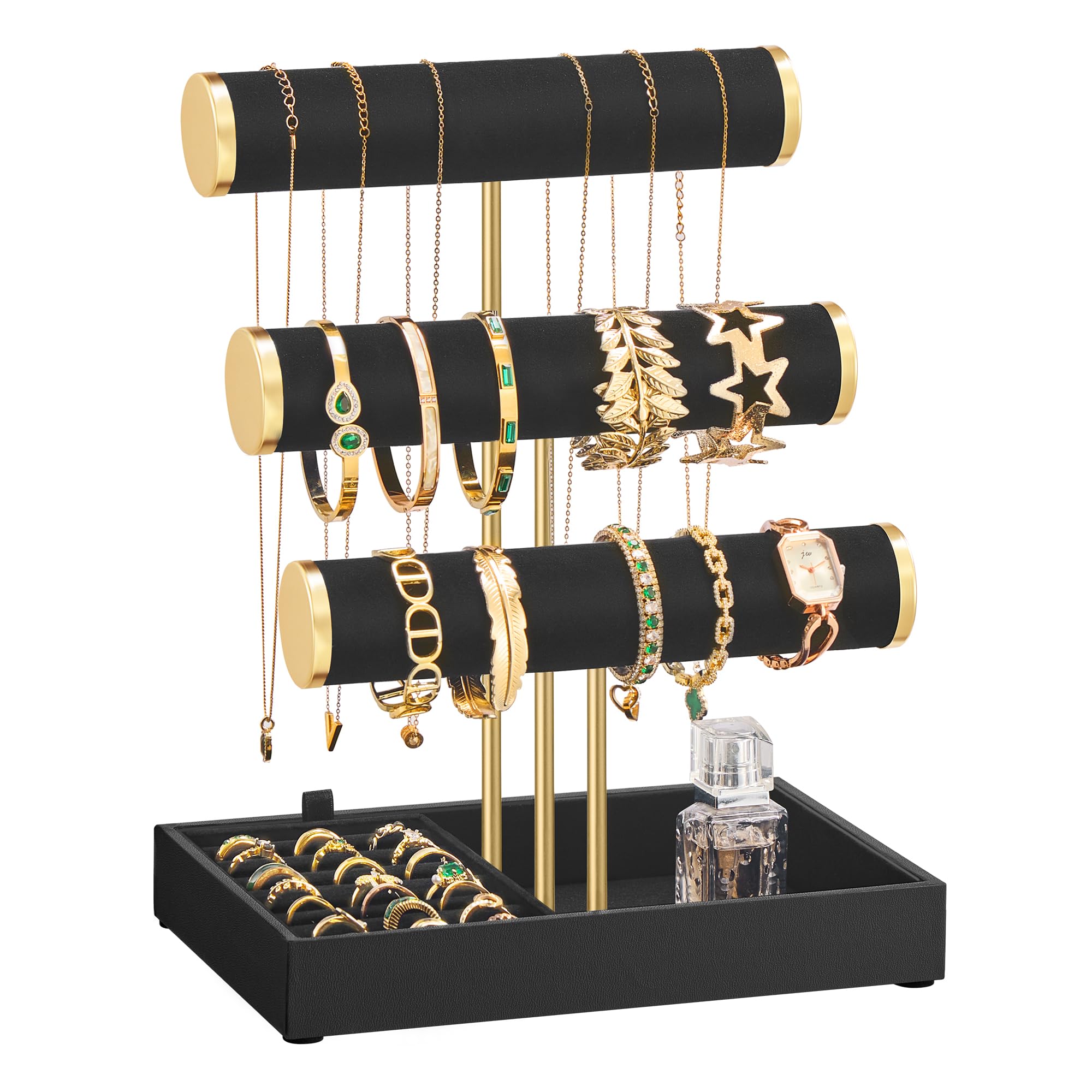 SONGMICS Bracelet Holder Stand, Jewellery Display Stand, Jewellery Organiser, with 3 Tiers and Velvet Tray, Removable Ring Holder, Ink Black JJS027B01