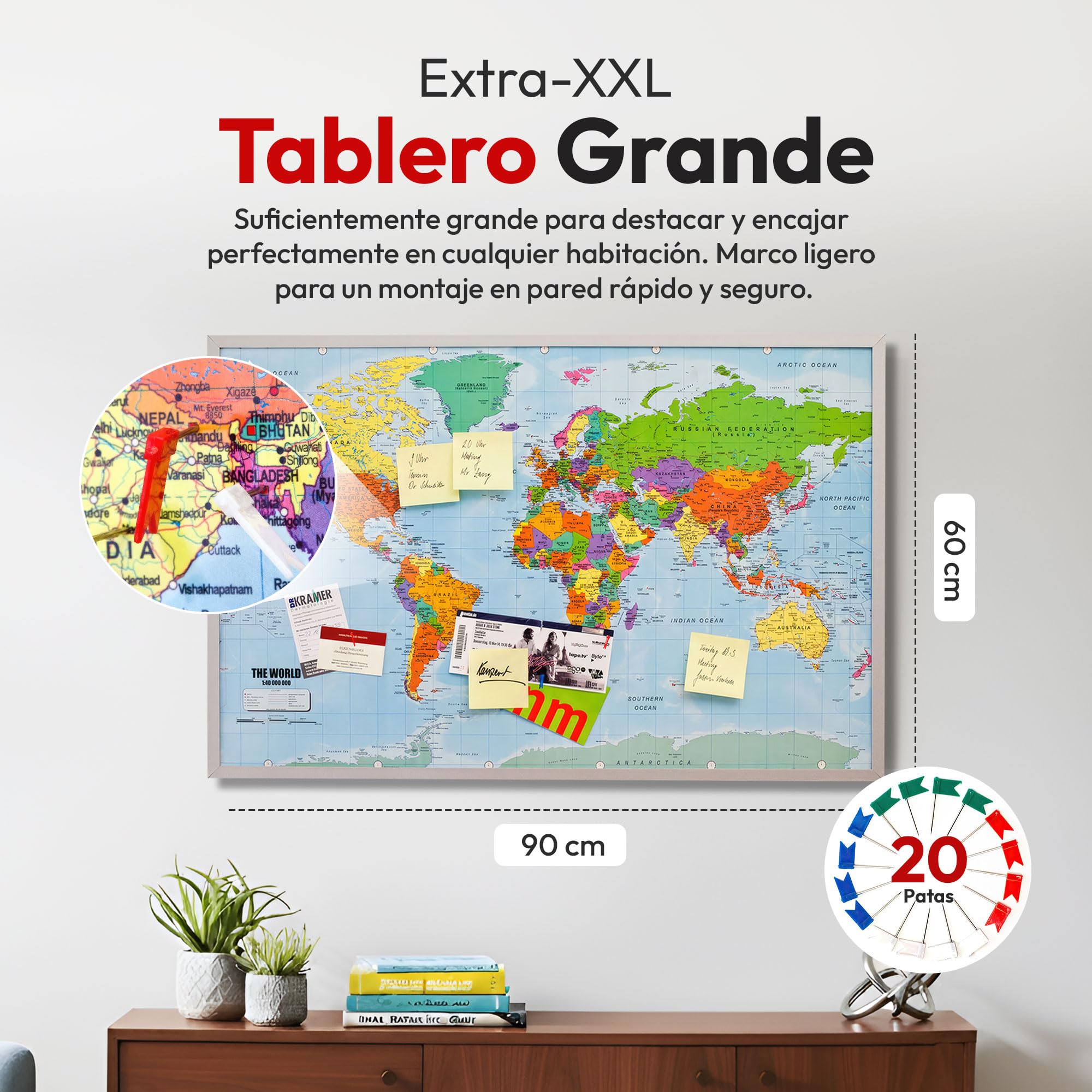 Tablero de anuncios de corcho mapa mundial 90x60 cm con marco y 20 banderas marcadoras Memoboard XXL