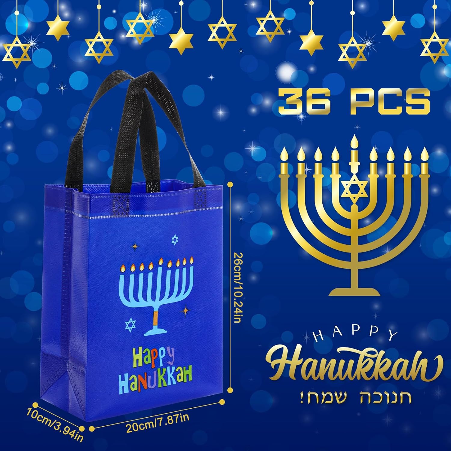 Aliceset 36 Pcs Hanukkah Shiny Gift Bags Bulk Glossy Reusable Tote with Handles Non Woven Chanukah Gift Wrap Shopping Grocery Bags for Hanukkah Party Favor, Blue, 7.87x10.24x3.94 Inch - Image 3