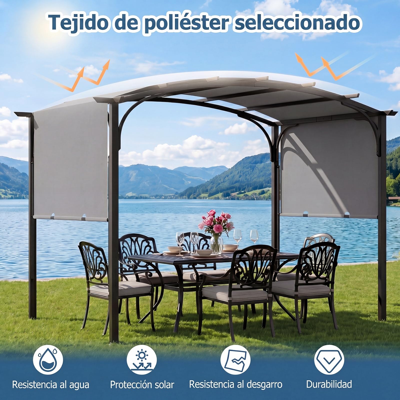 COSTWAY Pérgola Retráctil para Exterior, 3 x 2,4m, Cenador de Jardín con Techo Arqueado, Estructura Metálica y Tejido de Poliéster, Pabellón Jardín con Toldo para Patio Terraza Porche (Gris)