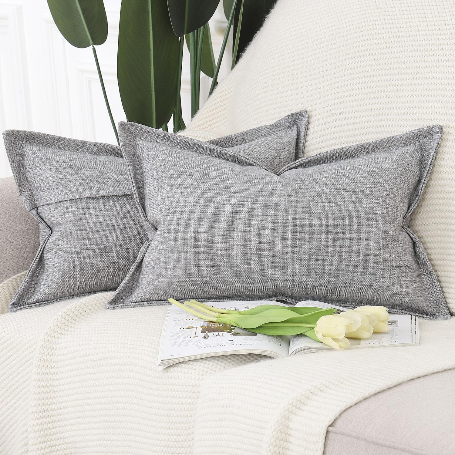 Madizz Set of 2 Faux Linen Cushion Covers with Broad Edge Soft Boho Decorative Pillow Cases for Sofa Bedroom Modern Pillow Shell 12x20 inch