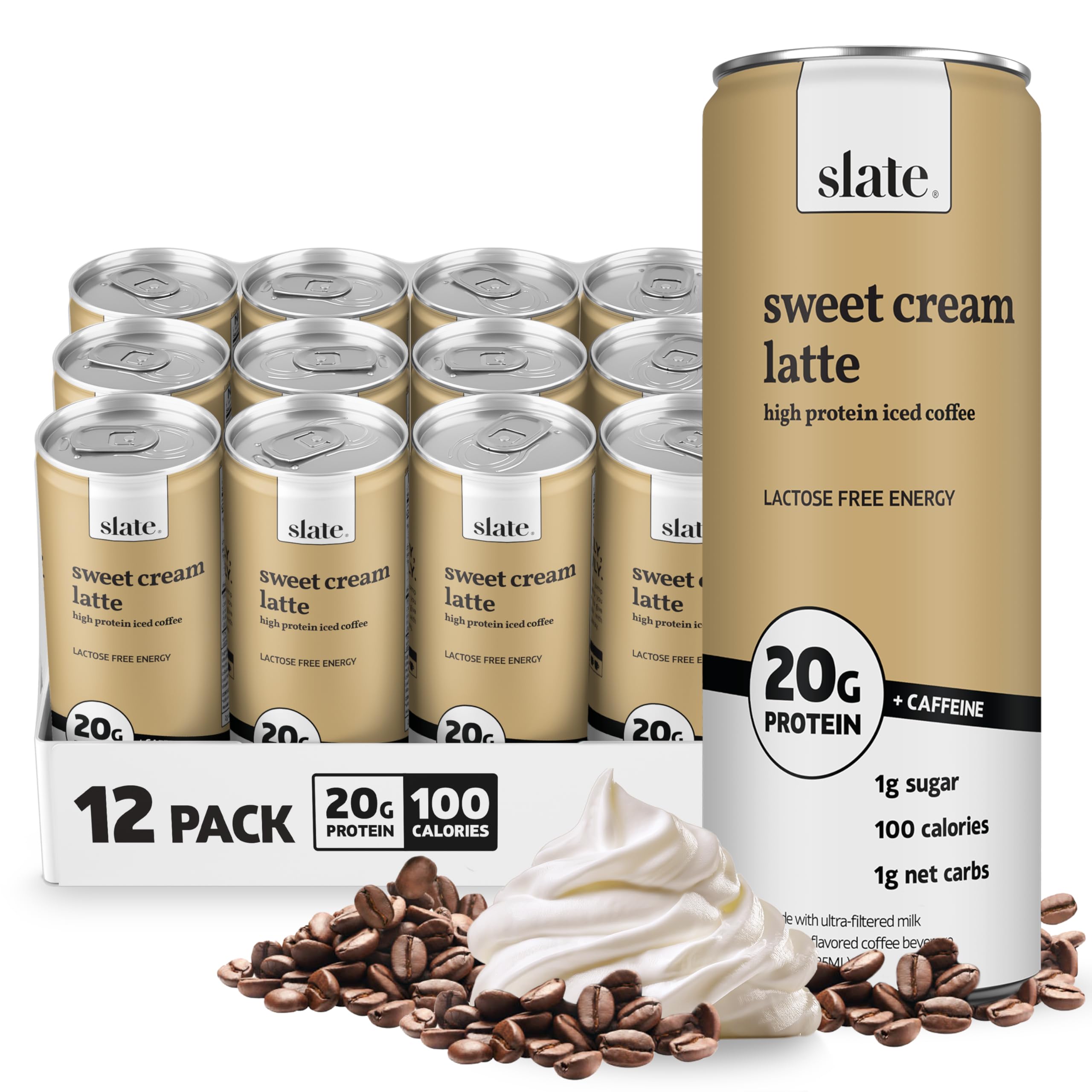 Slate Milk - High Protein Iced Coffee - Sweet Cream Latte - 175mg Caffeine, Lactose Free Energy - 20g Protein, 1g Sugar, 100 Calories, 1g Net Carbs, No Sugar Added - Protein Coffee - 11 fl oz, 12 Cans