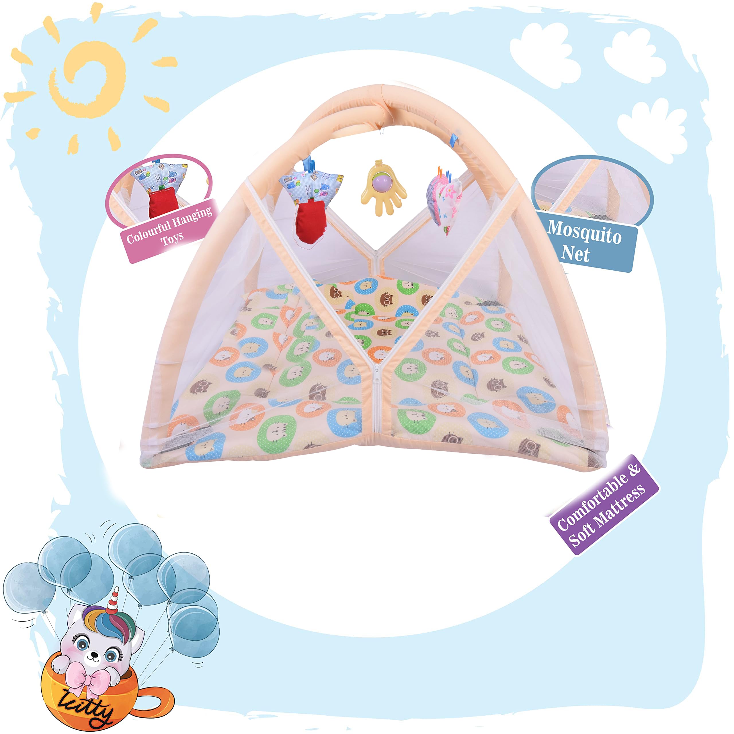 Toddylon Baby Play Gym New Born Baby Bedding|Mat with Hanging Toys|Mattress with Mosquito Net|Cotton Playing Mat|Playmats & Floor Gyms (0-6 Months) Orange,1 Count 4
