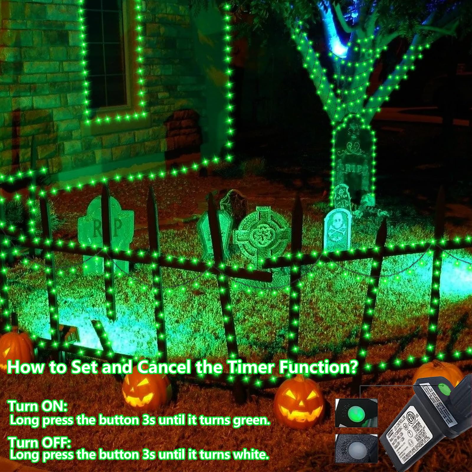 YEGUO 165ft 500 LED Green Halloween Lights Outdoor Waterproof, Green Wire String Lights Indoor, 8 Modes Twinkle Tree Lights Plug in with Timer Memory