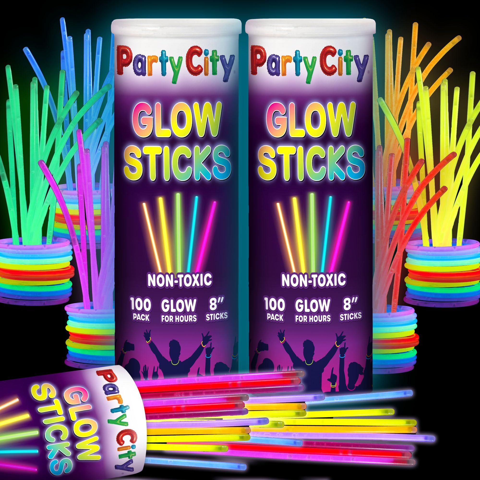 Party City 200 Glow Sticks Bulk Party Pack 8”– Neon Glow in the Dark Party Supplies, Glowsticks with Connectors Bracelets & Necklaces, Light Up Favors