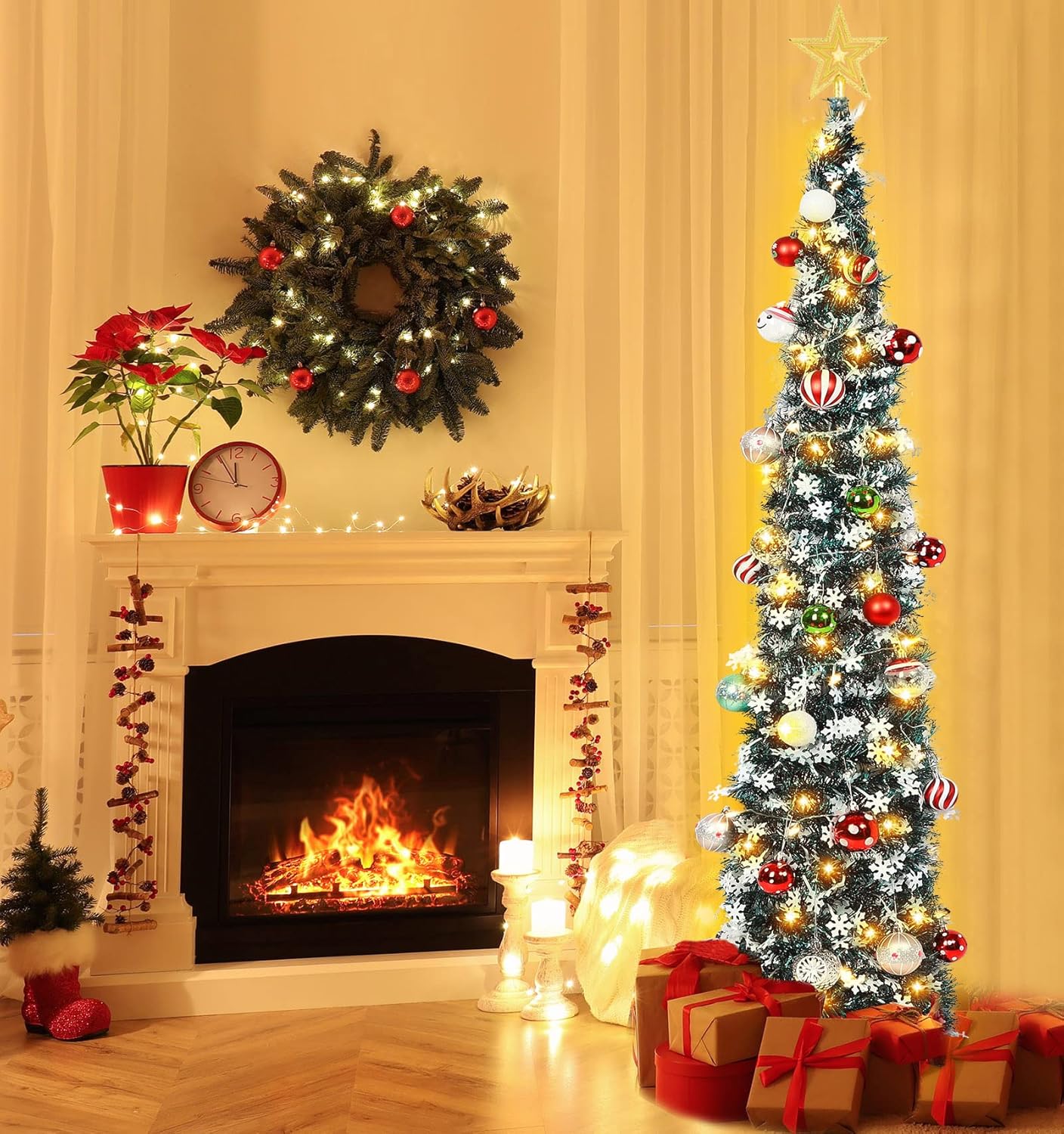 2Pcs Pop Up Christmas Tree with 50 Warm Lights 3D Topper Star - Collapsible Glitter Tinsel Artificial Christmas Pencil Trees Holiday Xmas Decoration for Indoor Home Office