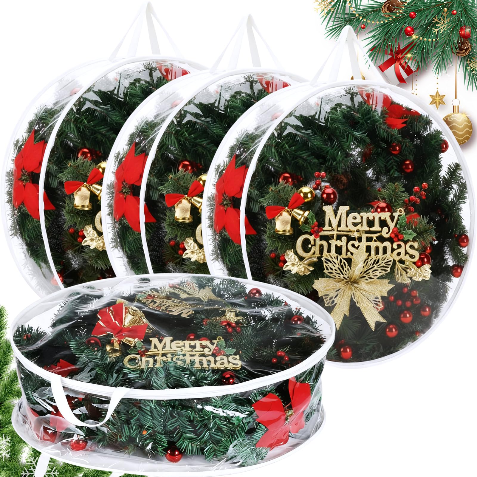 Shappy 4 Pcs Clear Christmas Wreath Container 24 Inches Xmas Storage Bag
