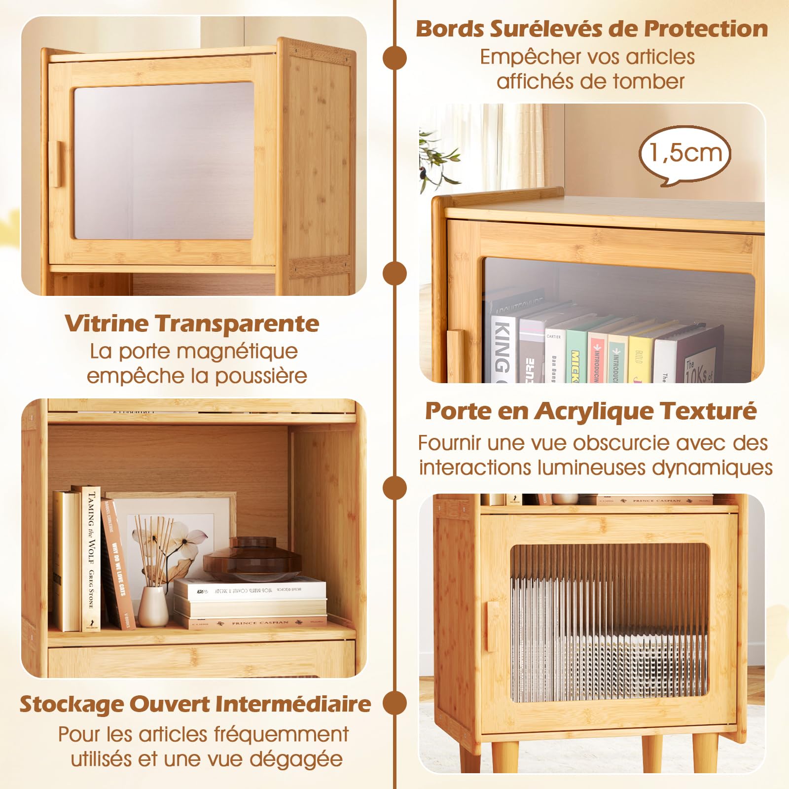 COSTWAY Buffet Vitrine 3 Compartiments, Armoire Cuisine Bambou Naturel, 49,5 x 40 x 130 cm, Porte Magnétique, Vaisselier Colonne Cuisine, Bibliothèque Salon