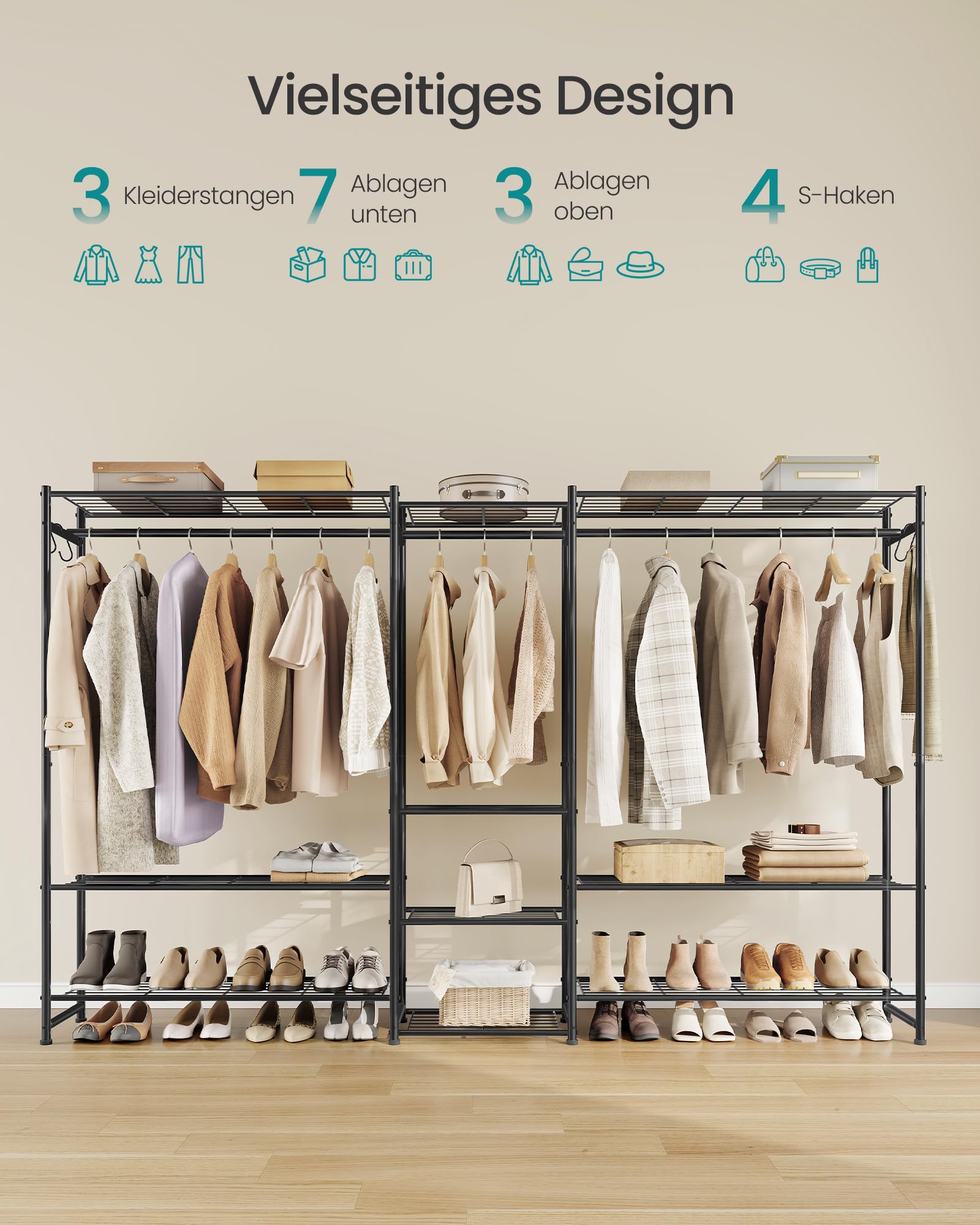 SONGMICS Kleiderständer, offener Kleiderschrank, Garderobenständer mit 10 Ablagen, 3 Kleiderstangen, 4 S-Haken, Metallrahmenm, für Schlafzimmer, Wohnzimmer, Eingangsbereich,schwarz LGR011BZ01