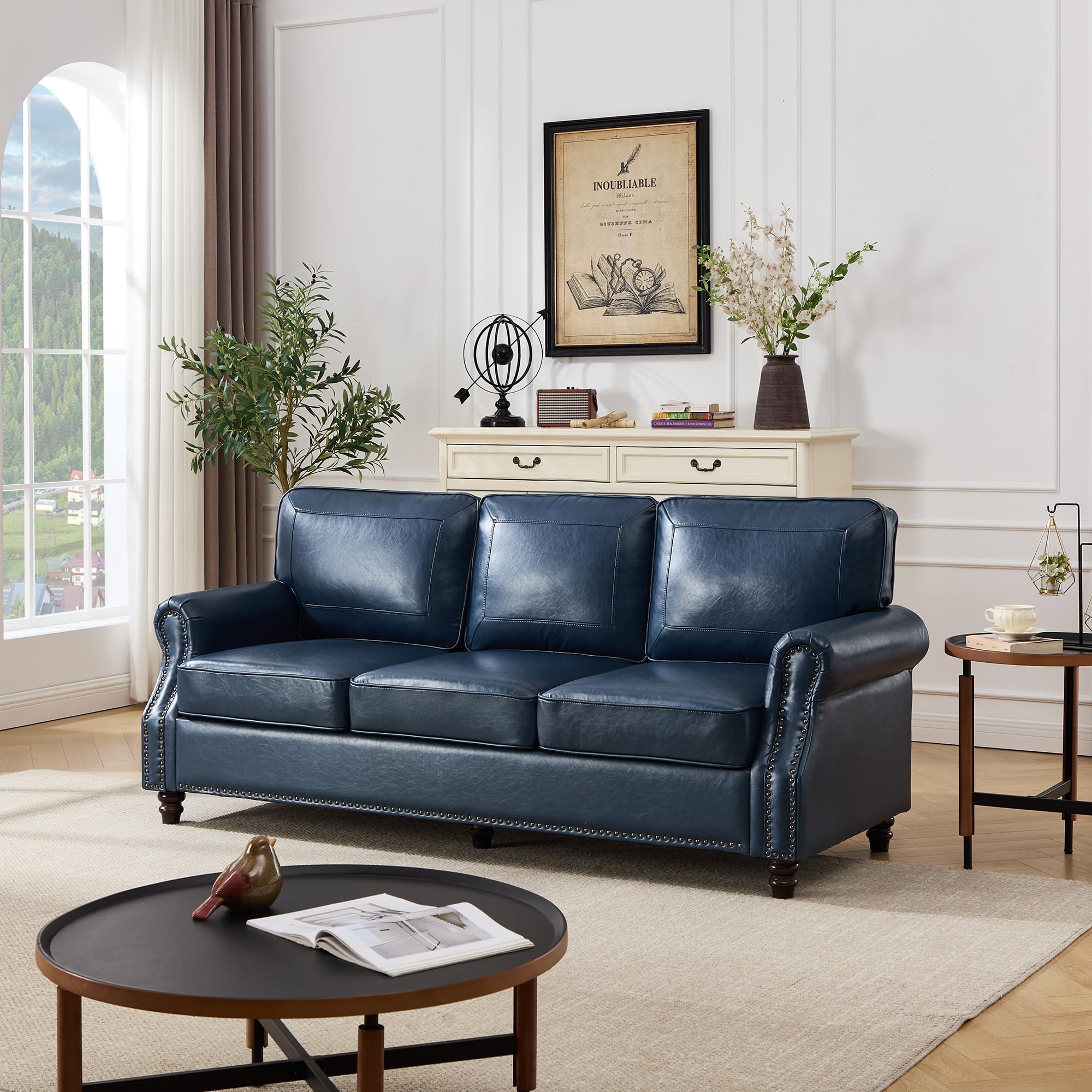 Kingfun Mid-Century Modern Couch Faux Leather Sofa 3 Seater Couch for Living Room with Rolled arms Nailhead Trim