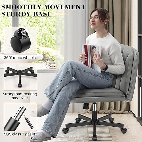 Miniatura 5 de FelixKing Silla cruzada con ruedas, silla de oficina con patas cruzadas, silla de escritorio ancha sin brazos con piel sintética cómoda y respaldo,