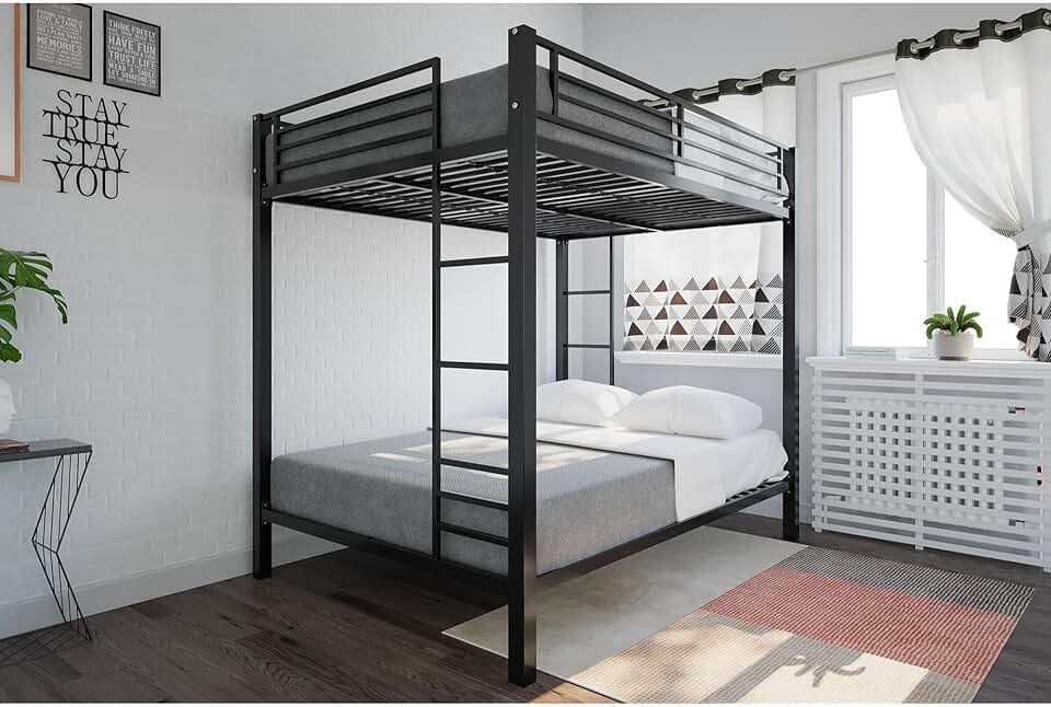 DHP Full Over Full Metal Bunk Bed, Black, Space-Saving Kids Furniture, Sturdy Frame, Guard Rails, Integrated Ladder