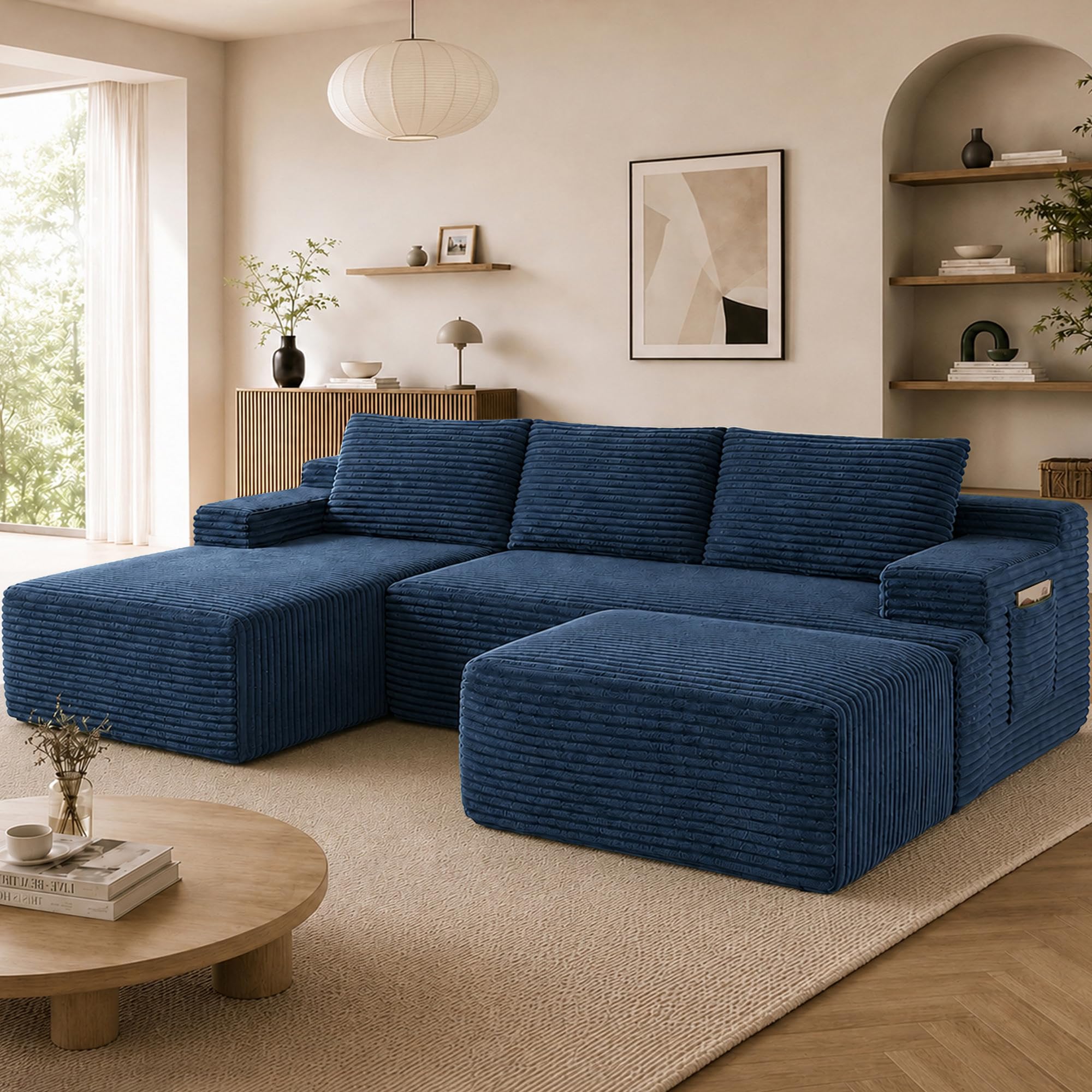 Boneless Couch, Modular Sectional Couches for Living Room, U-Shaped Cloud Couch Sofa with Deep Seat, Fluffy Corduroy Upholstered Corner Sofa