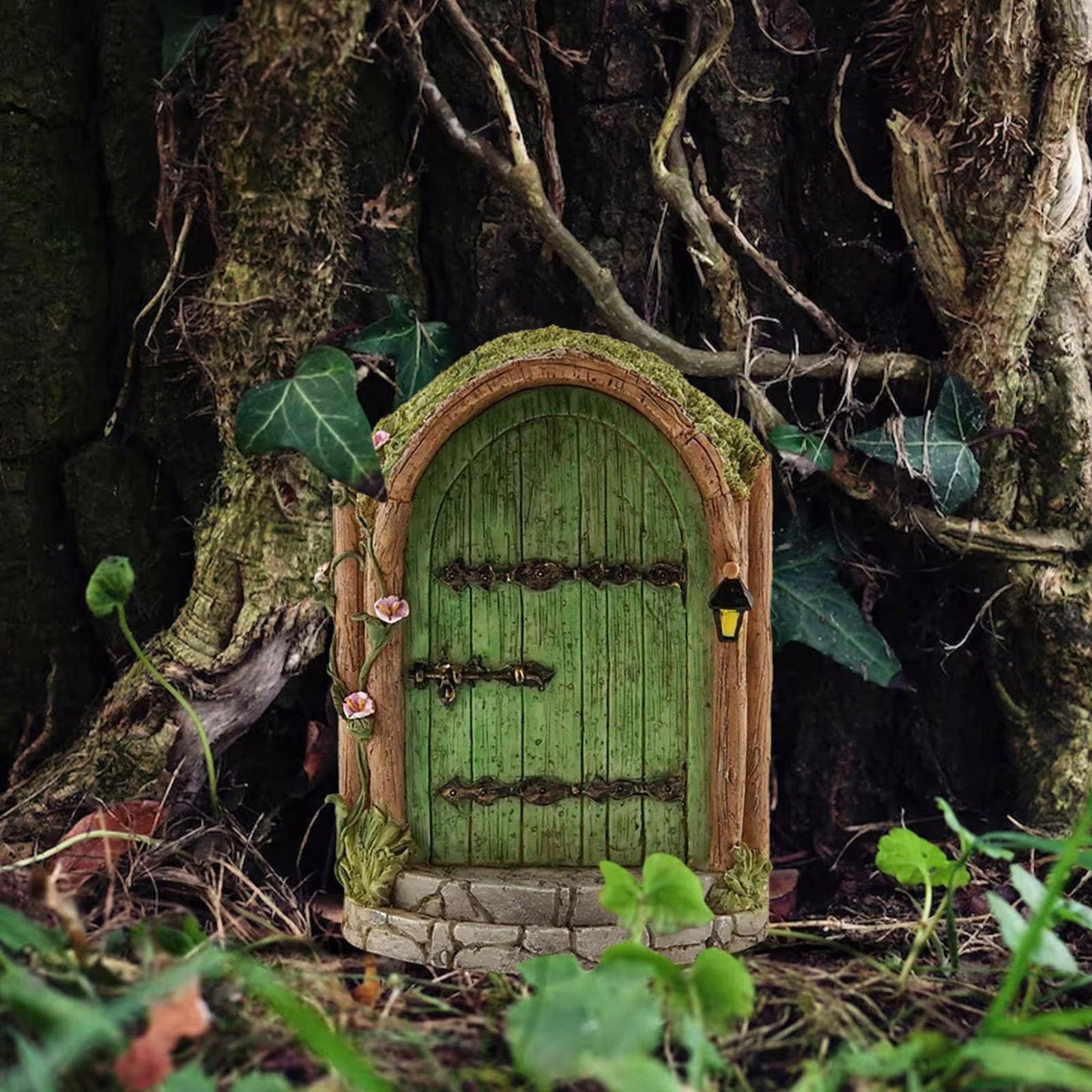 Green Fairy Door Wooden Miniature Fairy Garden Doors Outdoor Mini Fairy Gnome House Accessories for Tree Trunk Ornaments Garden Miniatures,Garden Sculptures and Statues Garden Sculptures and Statues - Image 2