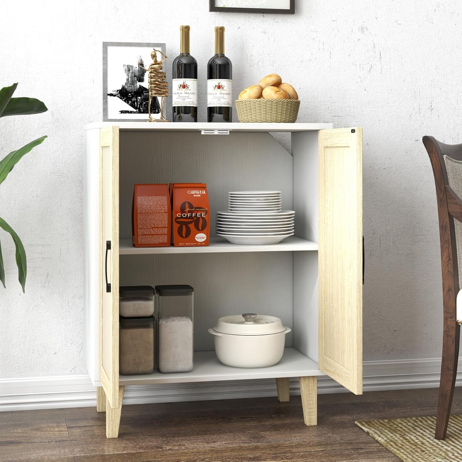 Panana Buffet Cabinet Sideboard with Rattan Decorated Doors Kitchen Storage Cupboard Accent Cabinet (White)