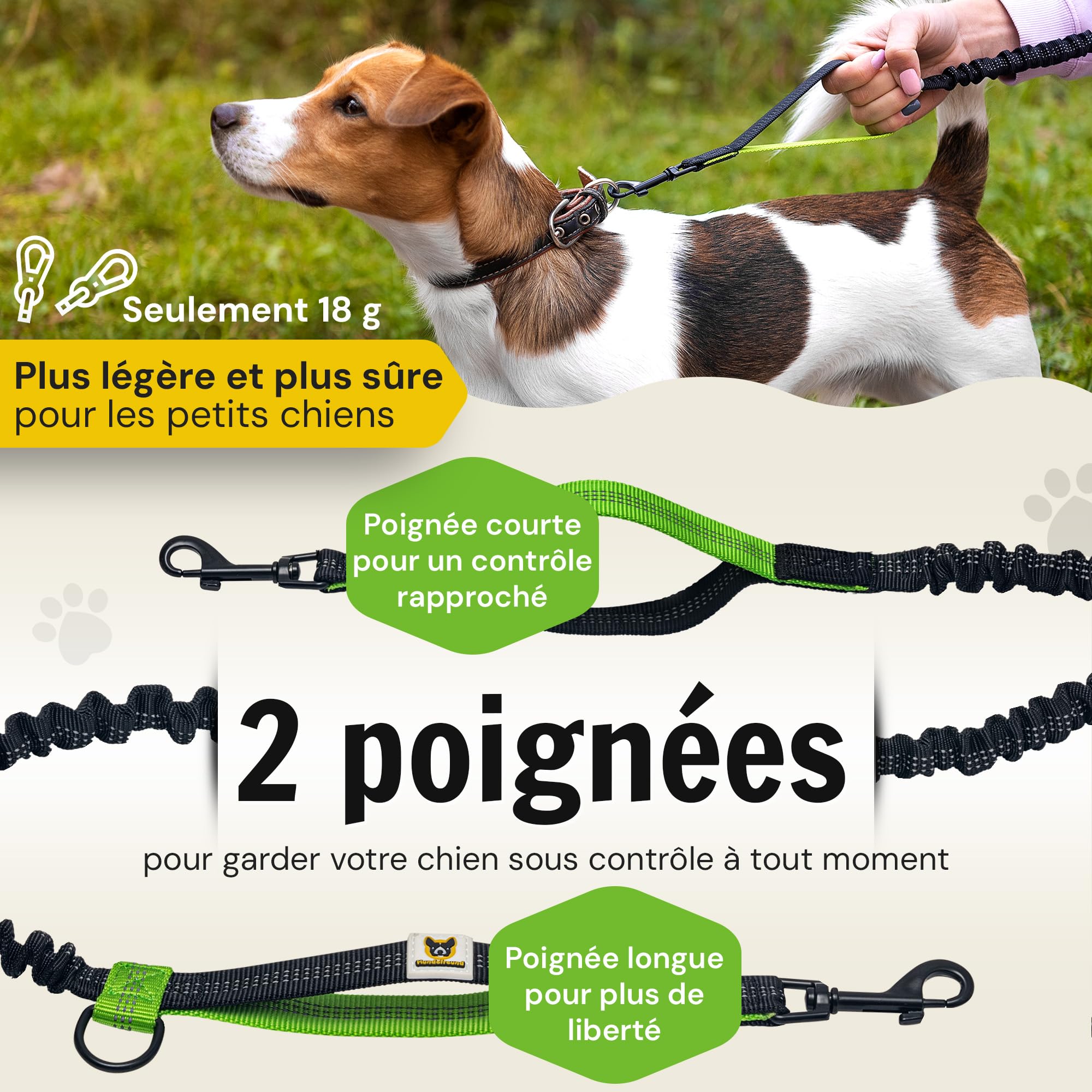 Hundefreund Laisse Mains Libres pour Petit Chien jusqu'à 15 kg – Laisse Bungee Élastique 110-160 cm pour Canicross, Course à Pied & Jogging, Ceinture Réglable 65–120 cm avec Pochette
