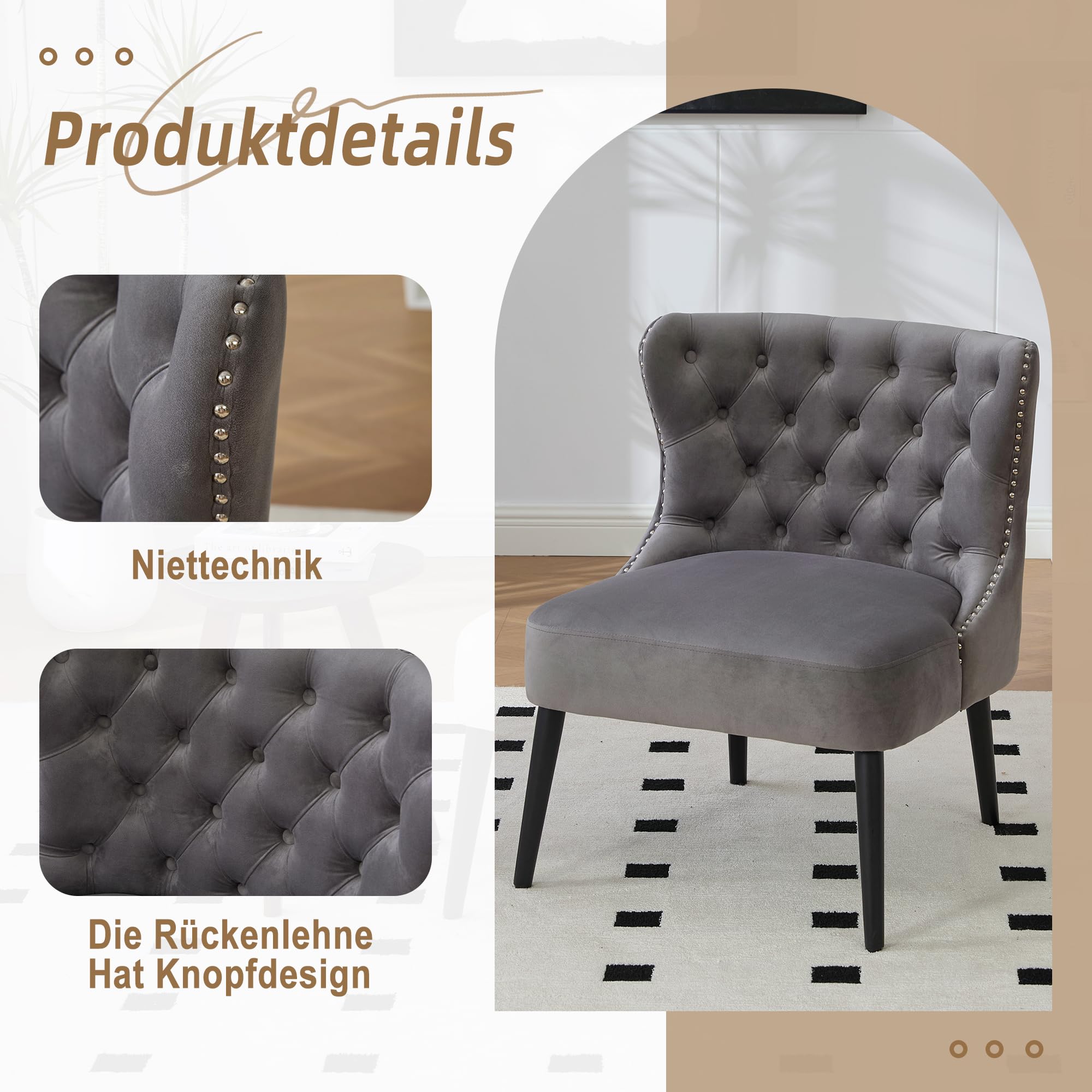 Silla de sofá con tira de botones de terciopelo y tamaño de puntos, diseño moderno sin brazo con remaches y patas de madera maciza para sala de estar, dormitorio.