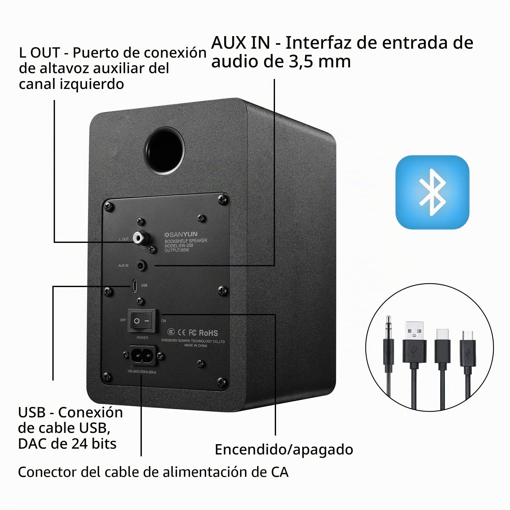 Sanyun SW208 Altavoces de estantería Activos Bluetooth 5.0 de 3 "- Unidad de Altavoz de Fibra de Carbono de 60W - DAC Integrado de 24bits - Altavoces para Juegos de Monitor de computadora(par, Negro)