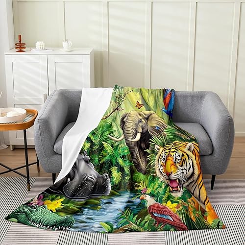 Manta de animales de la selva, tamaño individual de 60 x 80 pulgadas, manta de cocodrilo, hipopótamo, elefante, tigre para niños y niñas, manta de