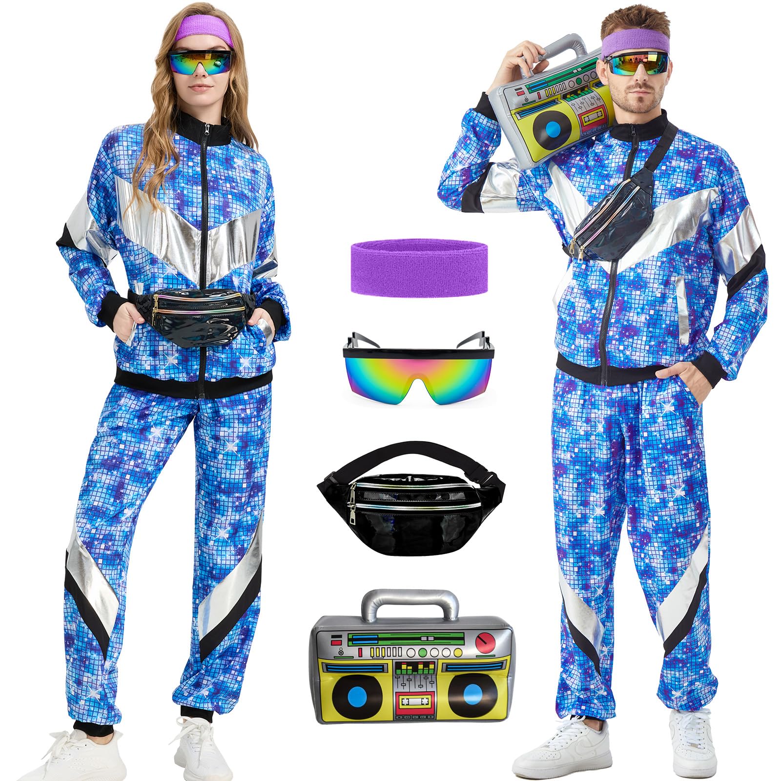 Ezuwail 80er 90er Jahre Outfit Herren Damen, Kostüm 80s Tracksuit Disco Jacke und Hose, 80s 90s Retro Anzug Jogging Anzug Unisex mit Gürteltasche Brille für Bad Taste Party, Karneval