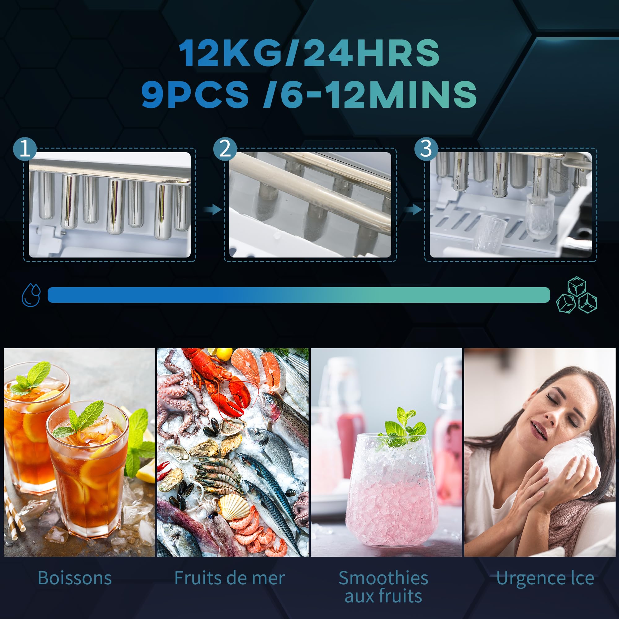 HOMCOM Machine à glaçons 12kg en 24h, Machine Glacon autonettoyant, capacité réservoir 1,8 L, Affichage LED, pelle et panier inclus, en acier Inox pour Maison, Cuisine, Bar