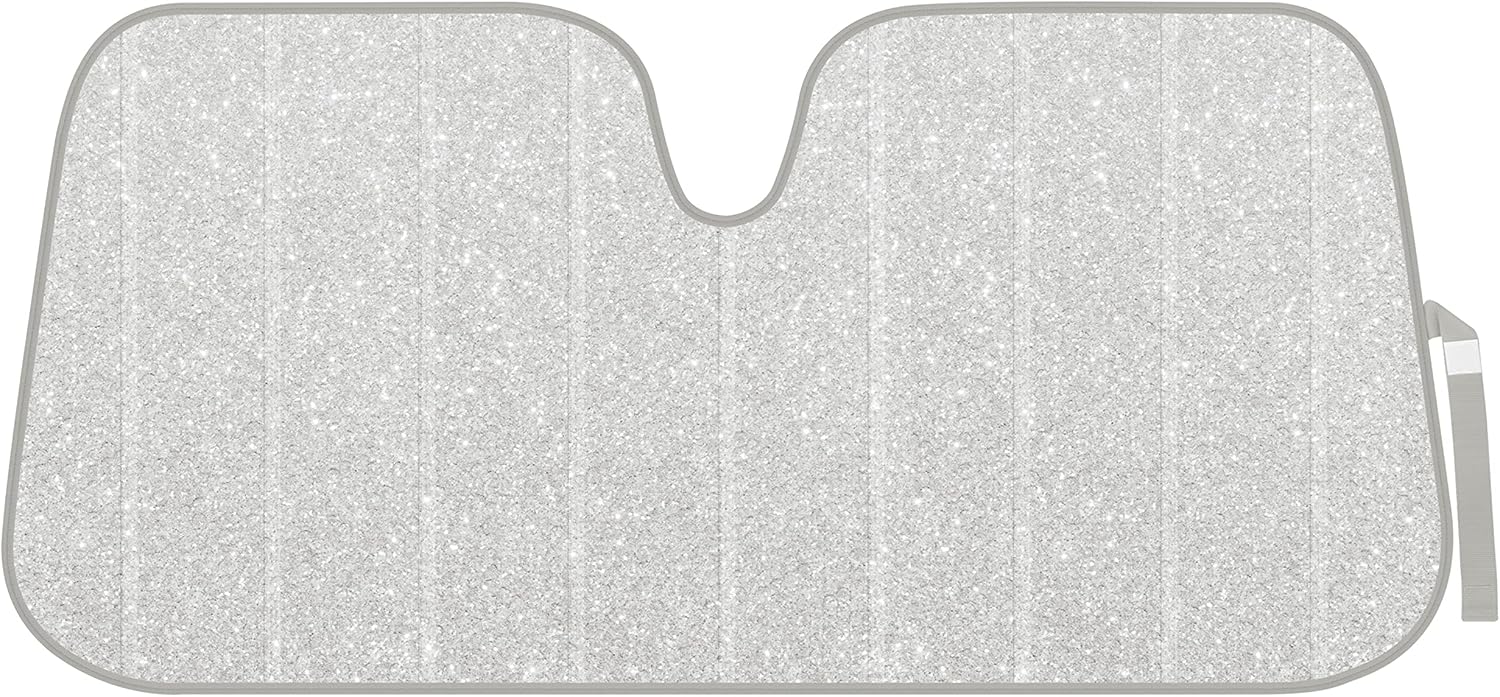 BDK AS-2511-SL Front Windshield Shade-Accordion Folding Auto Sunshade for Car Truck SUV-Blocks UV Rays Sun Visor Protector-Keeps Your Vehicle Cool-57 x 27 Inch, Silver Glitter