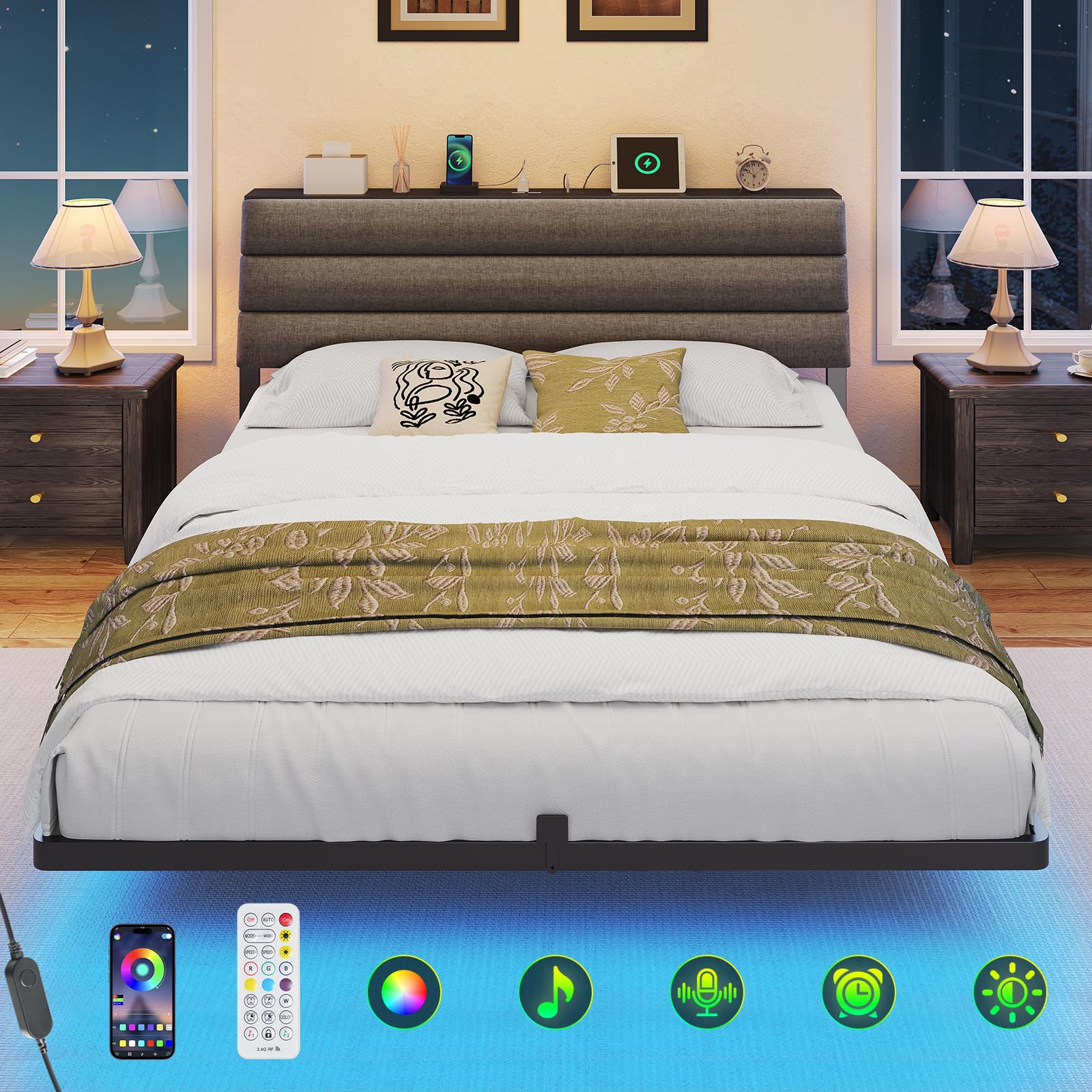Letto Sospeso 160 x 200 cm con Luci LED, Testiera Contenitore con Stazione di Ricarica, Letto Piattaforma Imbottito con Struttura in Metallo Rinforzata, Grigio Scuro