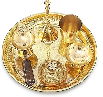 Brass Pooja Thali Set 6 Inch Puja Thali with Pital Plate Glass Chandan Wati Dhup Dan Diya Bell Arti Thali for Diwali Home Office Mandir Wedding Return Gift Items