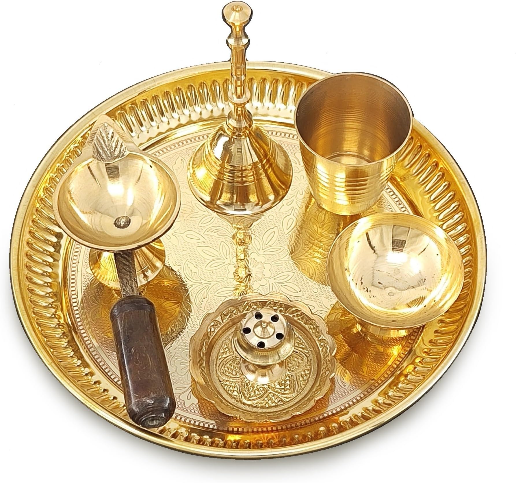 Brass Pooja Thali Set 6 Inch Puja Thali with Pital Plate Glass Chandan Wati Dhup Dan Diya Bell Arti Thali for Diwali Home Office Mandir Wedding Return Gift Items