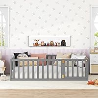 Vista 3 de Harper & Bright Designs Cama de plataforma de suelo tamaño individual con valla y puertas, marco de cama con conexión a tierra para espacios Gris