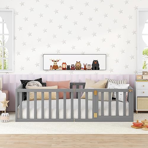 Miniatura 11 de Harper & Bright Designs Cama de suelo tamaño Queen con barandillas de seguridad y puerta, marco de madera para niñas/niños, cama Montessori para