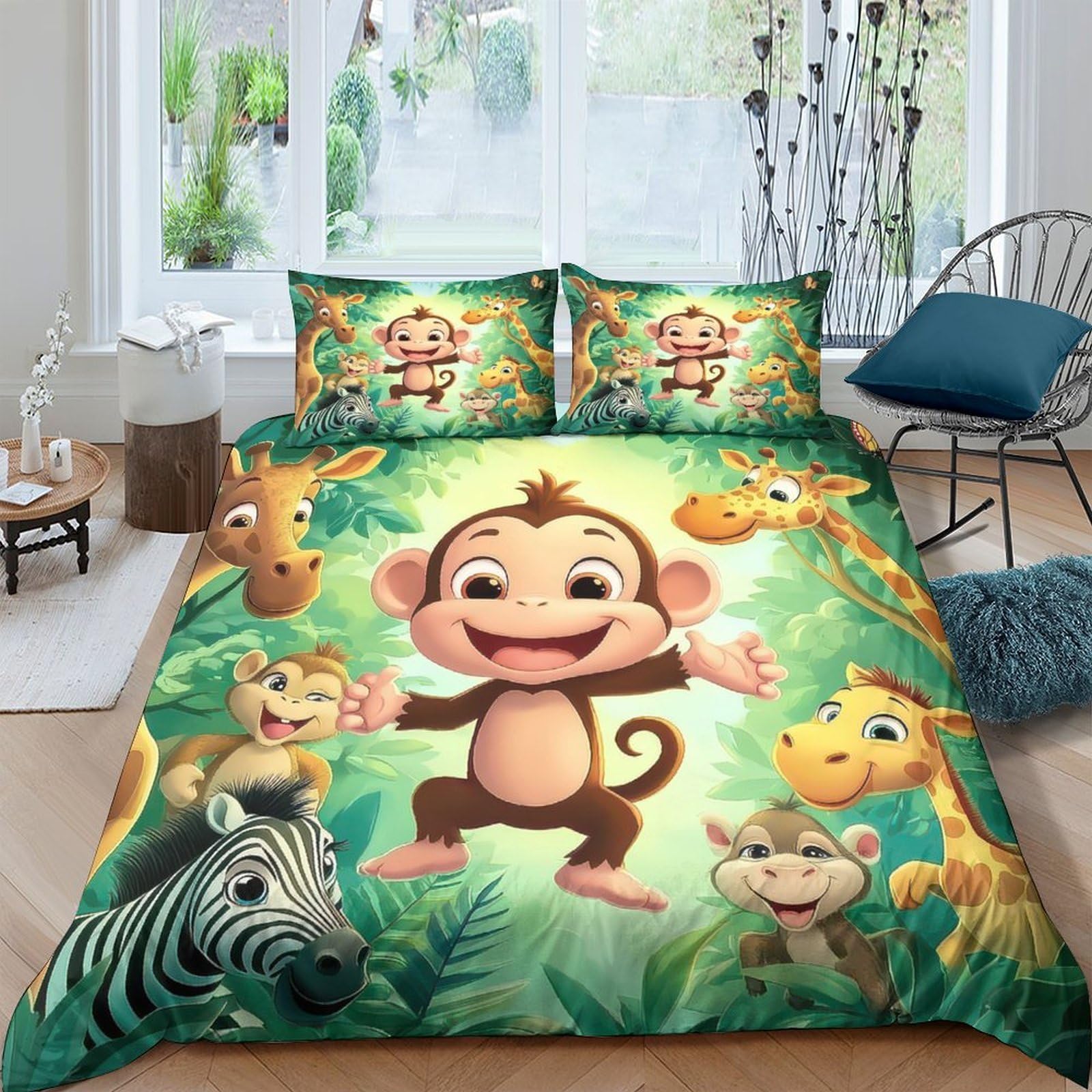 Ctjqhvkz Style-7 3D Printed Jungle Cartoon Monkey Fitted Sheet Microfiber Soft Green Animal Pattern Mattress Cover For Bedroom Guest Room Single（135X200cm）
