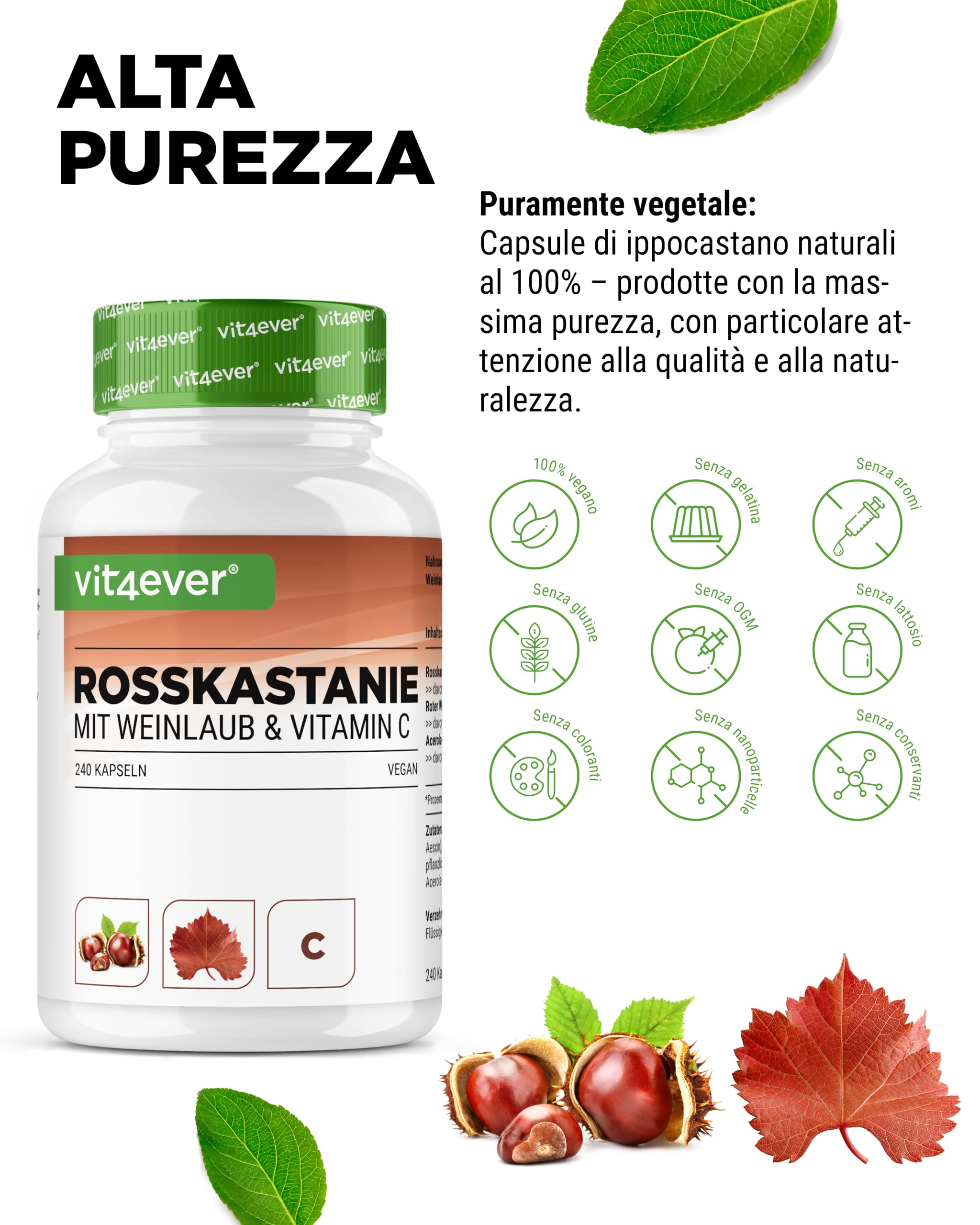 Estratto di ippocastano - 240 capsule - Dosaggio elevato con 1330 mg di estratto per dose giornaliera - Ippocastano con foglie di vite e vitamina C di acerola - Senza additivi indesiderati, vegano