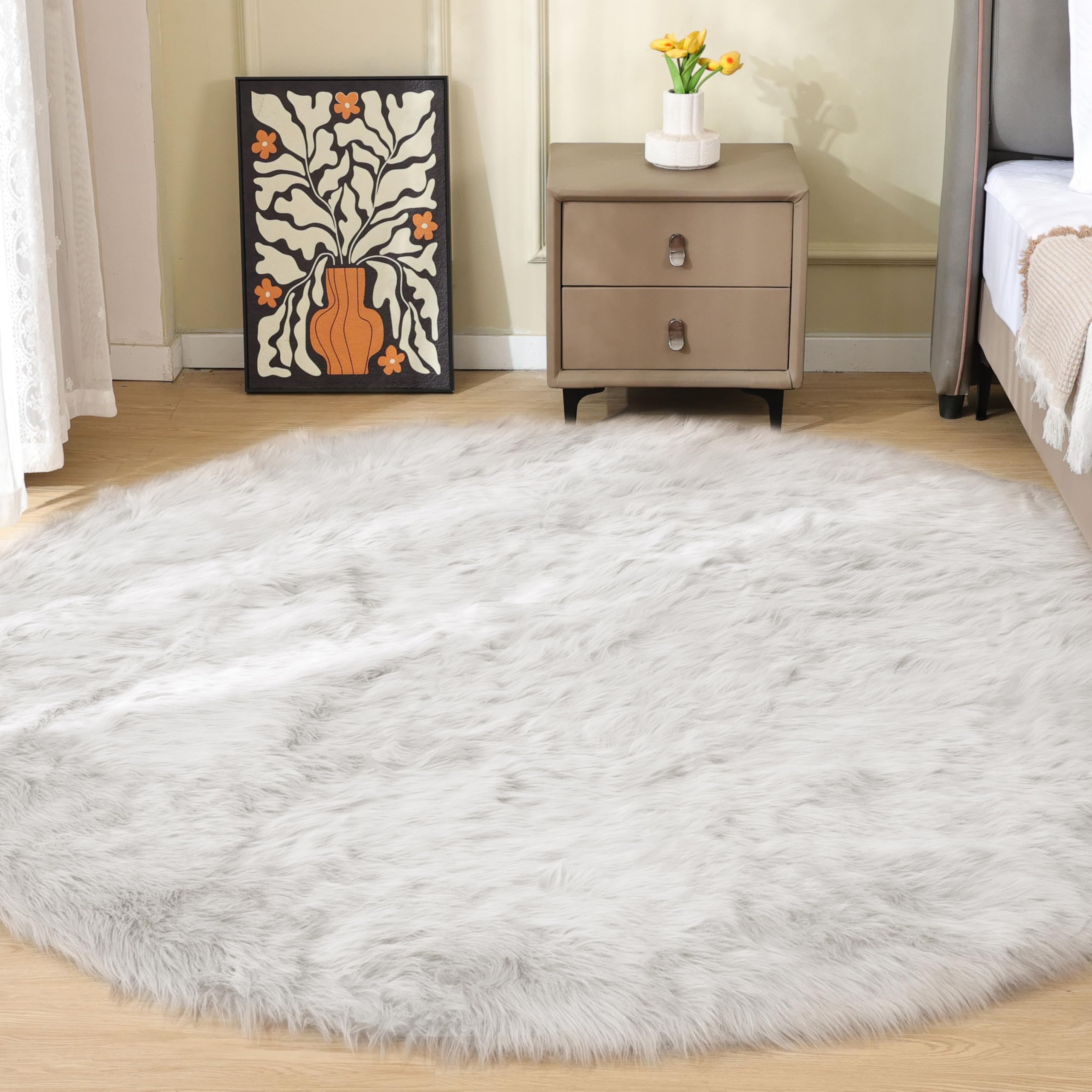 ORINOVA White Round Rugs 6.6ft Large Faux Sheepskin Washable Fur Area Rugs for Living Room Circle Shag Rugs for Bedroom Boho Nursery Rug