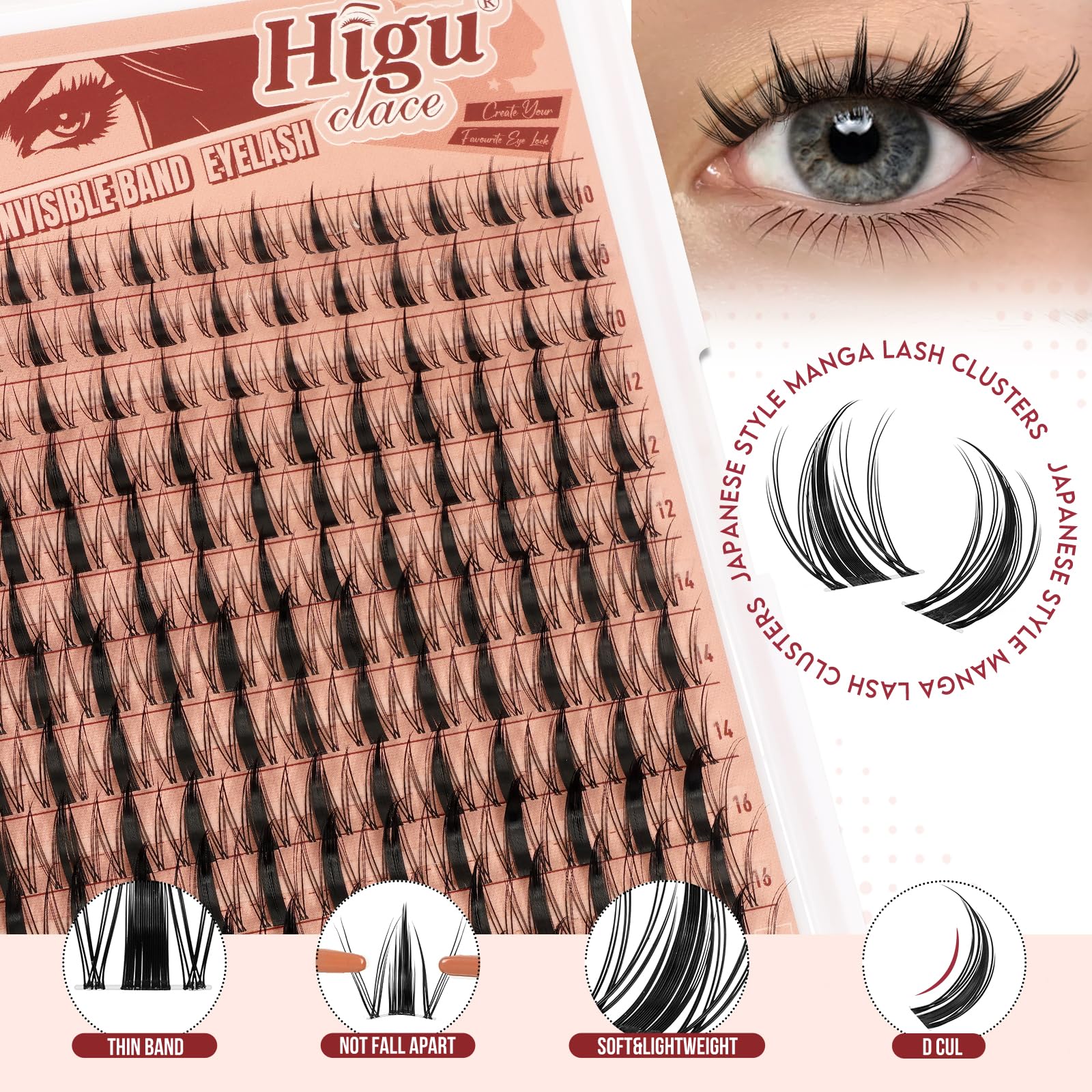 Higu Clace Manga-Lashes-Cluster Kit, Wispy Lash-Cluster Japanese Style DIY Eyelash Extensions 10-18 mm - Image 4
