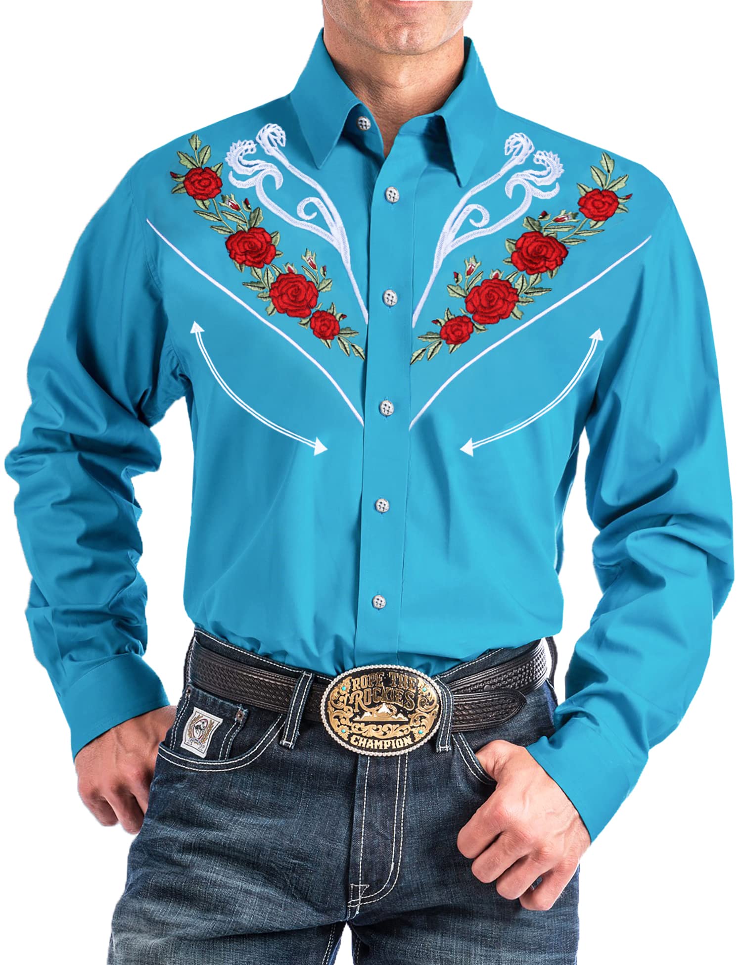 KINGBEGA Men's Slim Fit Long Sleeve Embroidered Casual Shirt