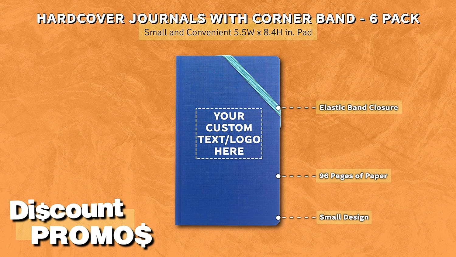 DISCOUNT PROMOS 6 Hardcover Journals with Corner Band Pack - Customizable Text, Logo - Paper, Elegant, Carry Notebooks, Medium Size - Blue