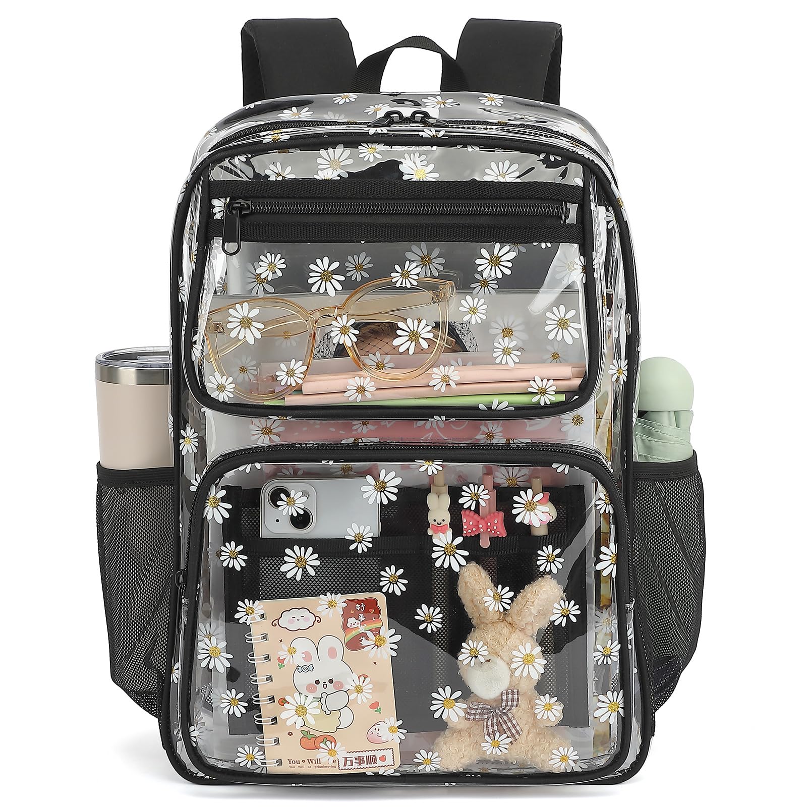Yusudan Daisy Clear Backpack for Girls Women, Heavy Duty Transparent School Backpack See Through Bookbag (Black)