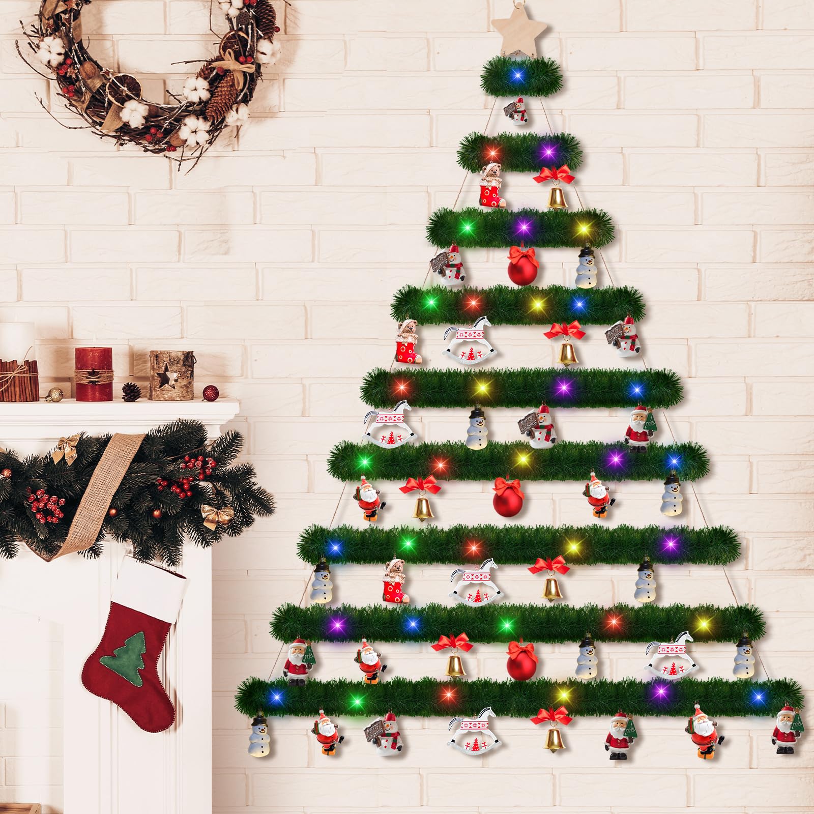 Hollowfly Sapins de Noël en bois à suspendre au mur de 152,4 cm, décoration de Noël avec guirlande de Noël de 6 m avec lumières LED et crochets en métal pour fête rustique