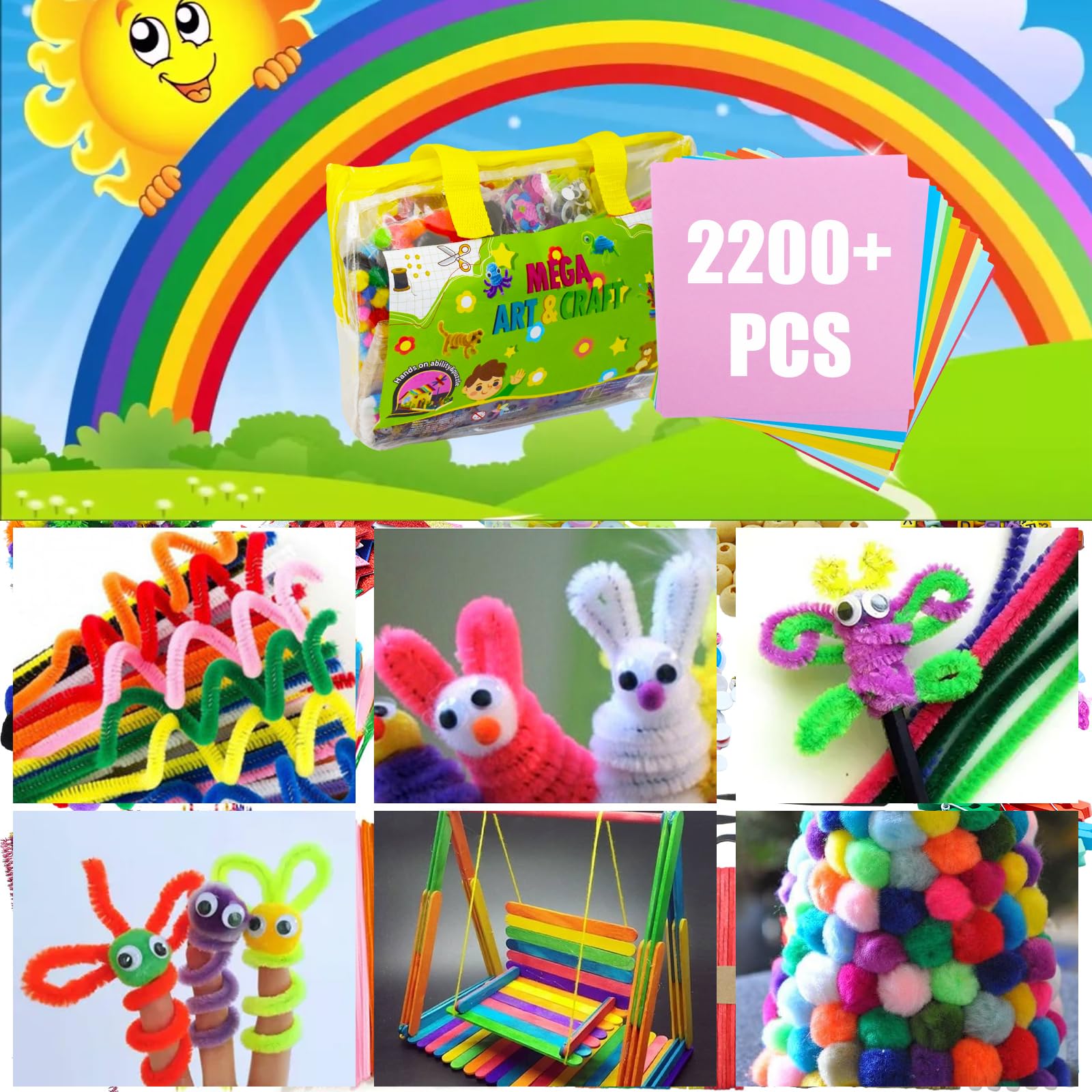NINGESHOP Kit Bricolage Enfant, 2200+Pièces Enfant Feutrine Loisirs Creatif DIY Activites Manuelles,Pipe Cleaners Crafts Set, Fournitures Éducatives, Loisirs Créatifs, Plumes,Yeux écarquillés