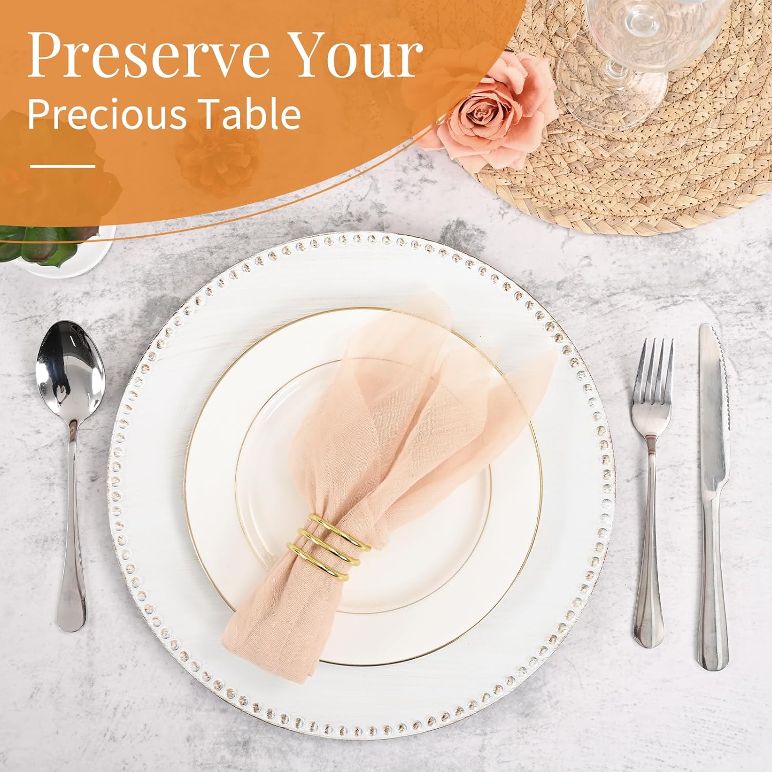 50 Pcs Vintage White Charger Plates Bulk,13 inch Round Beaded Plate Chargers for Dinner Plates, Decorative Dinner Chargers Plastic Table Chargers for Wedding Holiday Party Event Decoration