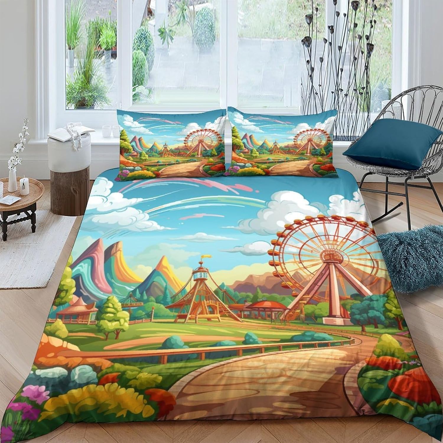 Parure de lit 3 pièces imprimé 3D paysage parc d'attractions cadeau idéal