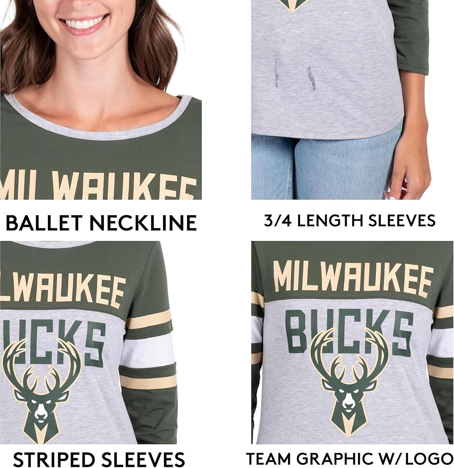 Ultra Game Women's NBA Official Standard T Raglan Baseball 3/4 Long Sleeve Tee Shirt