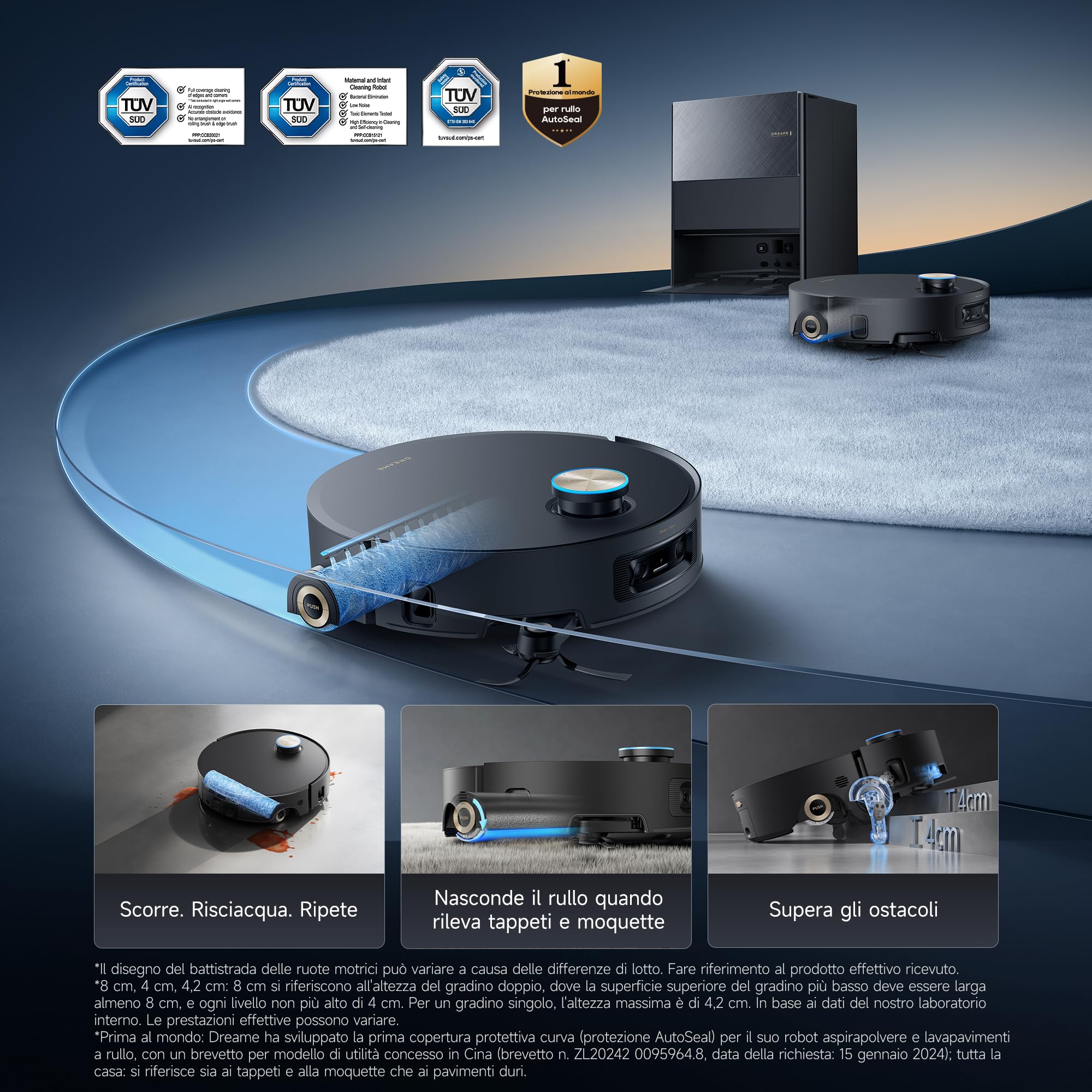 DREAME Aqua10 Ultra Roller Complete Robot Aspirapolvere, Autopulizia Rullo, Supera Ostacoli da 8cm, Auto-Svuotamento, Aspirazione 30.000 Pa, Evita Oltre 240 Oggetti, Controllo Vocale Intelligente,Nero