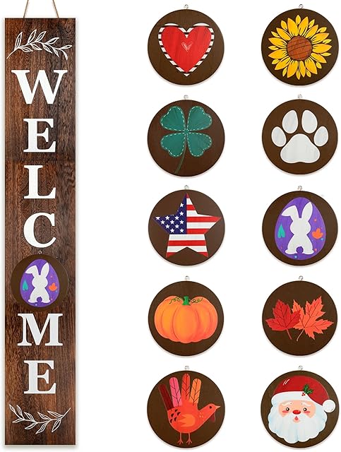 Perfnique Interchangeable Welcome sign for front porch standing, 47 x 7.9 Inch Black Wooden Leaner Sign with 10 Interchangeable Designed Icons, Morden Farmhouse Rustic Seasonal Decor for Spring